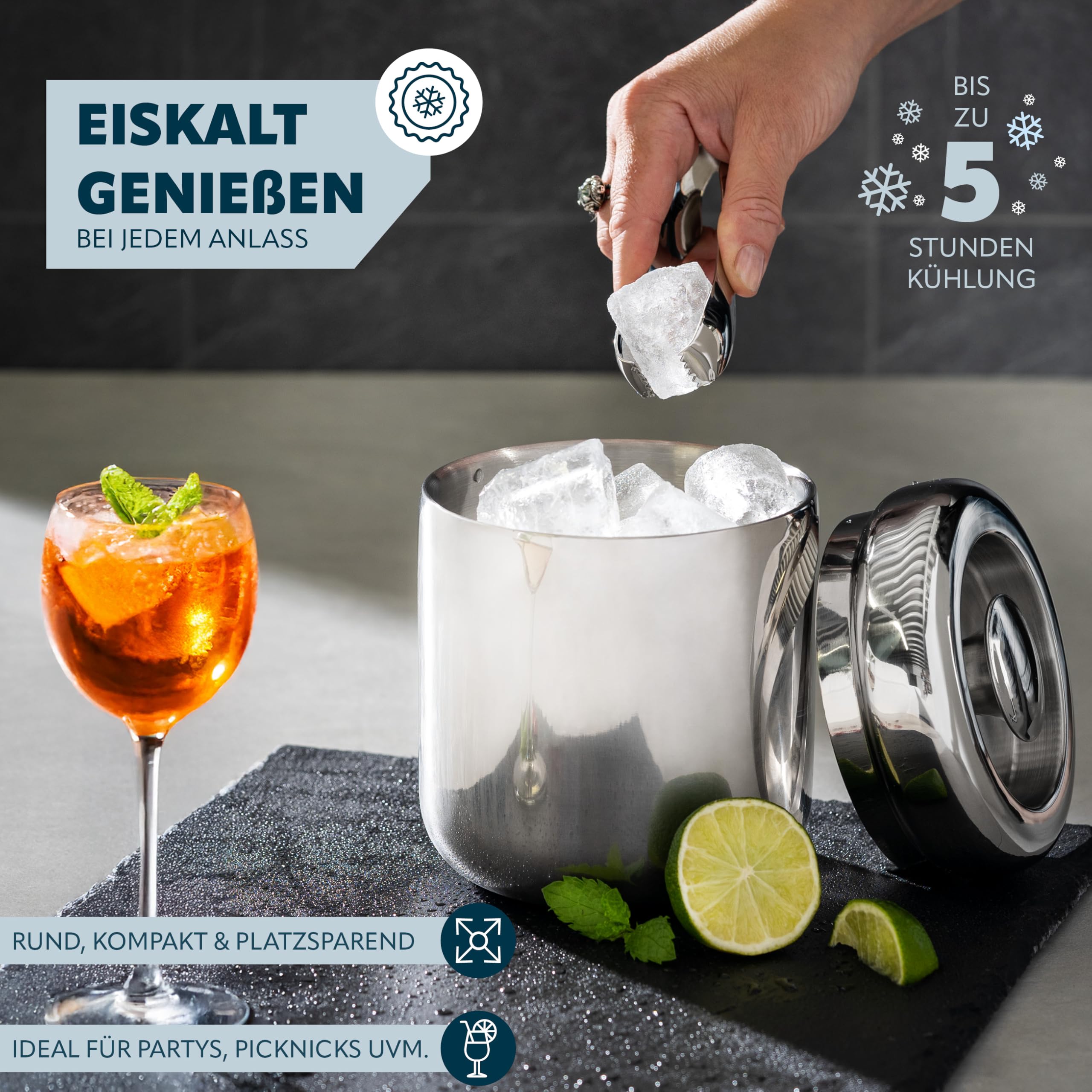 bremermann Eiswürfelbehälter mit Zange, Edelstahl-Eiskübel mit Deckel 1,5l, rund