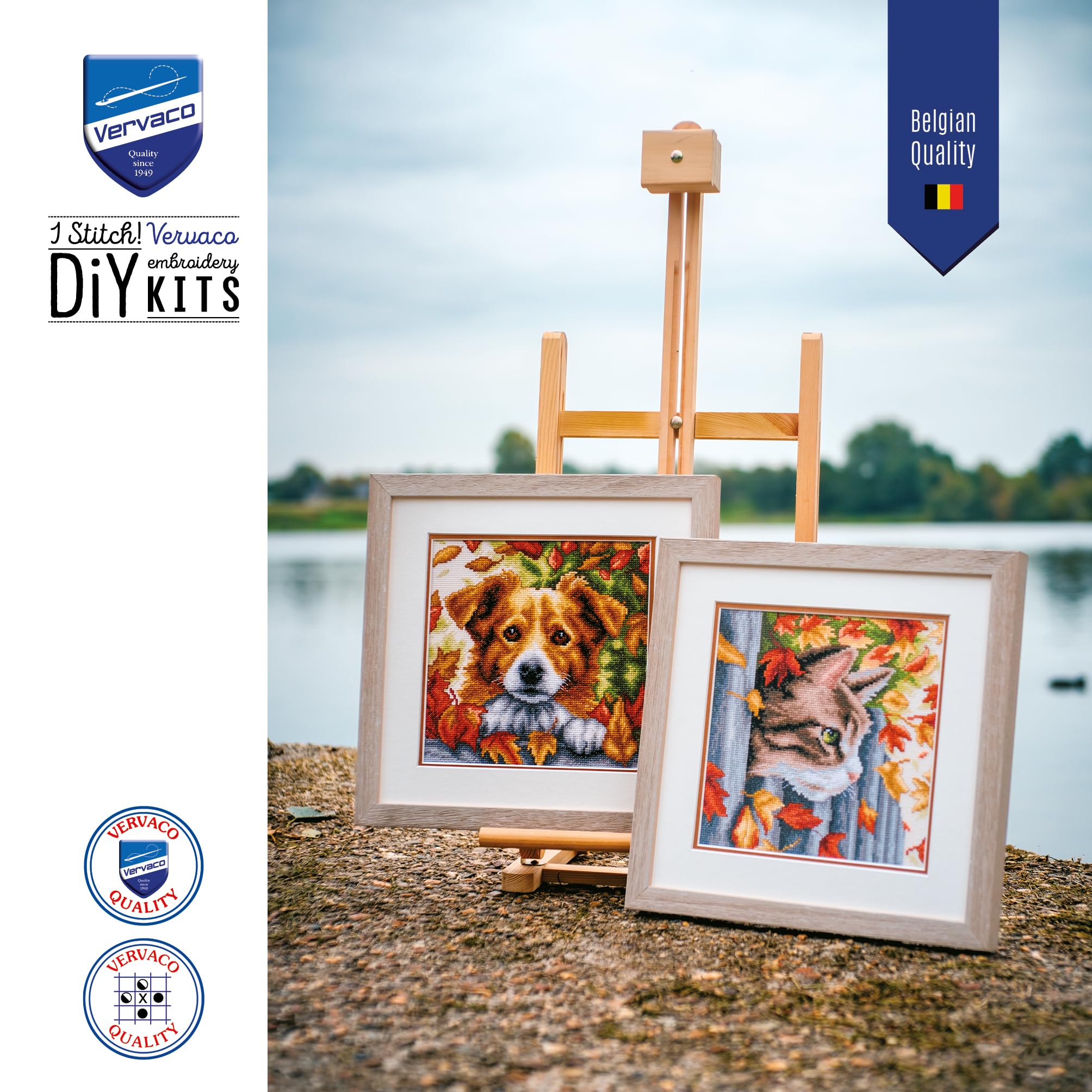 VERVACO Haft Krzyżykowy Liczony Zestaw Obraz do Haftu PIES W JESIENI Zrób to Sam Zestaw Kreatywny dla Dorosłych ca. 20 x 20 cm Dekoracja Ścienna DIY Cross Stitch Kit