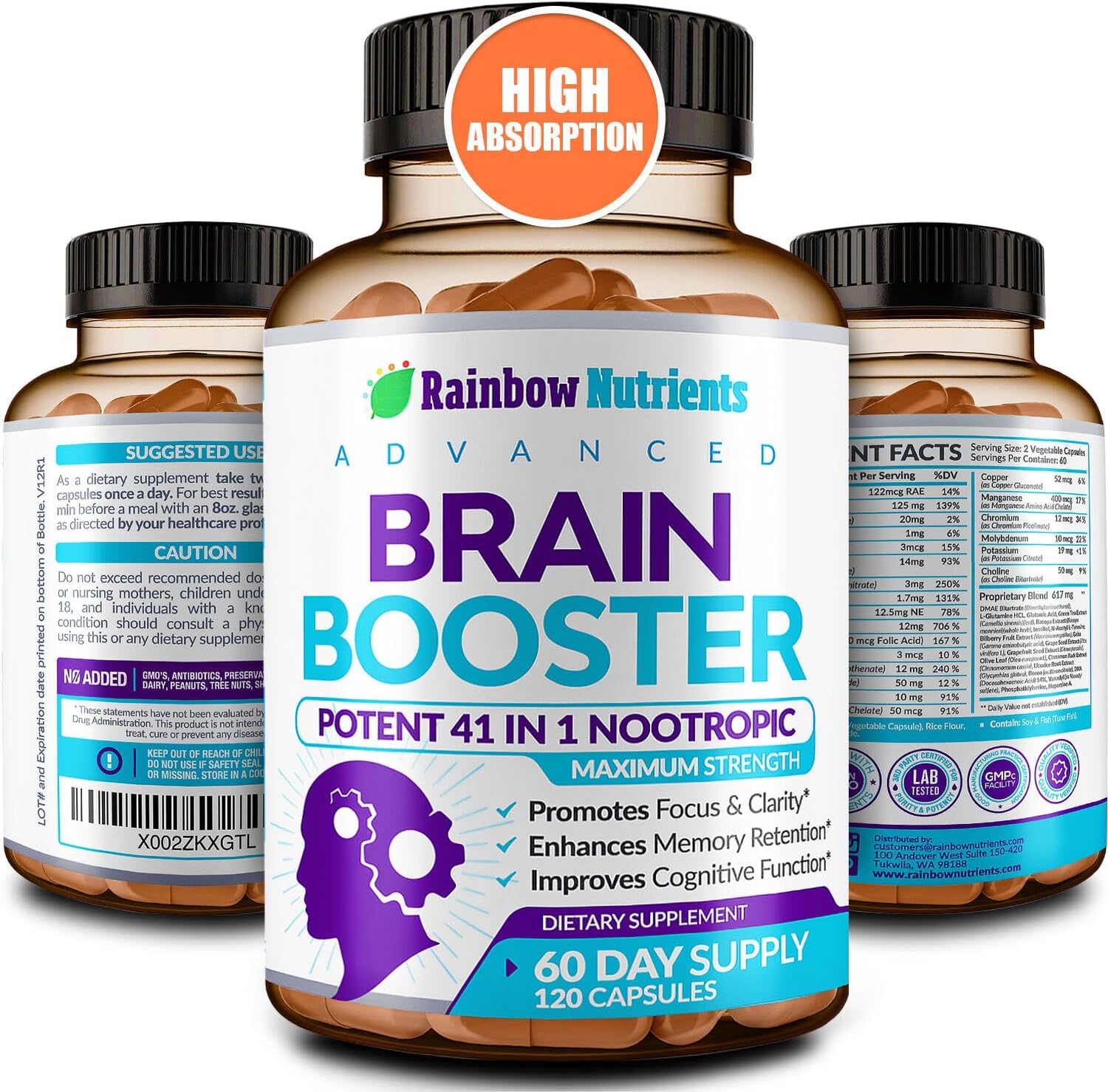 40-in-1 Brain Booster Supplements for Memory, Focus, Clarity, Energy, Performance | Natural Nootropic Brain Support Supplement with DMAE, Bacopa Monnieri & More | For Men & Women | 120 V Capsules