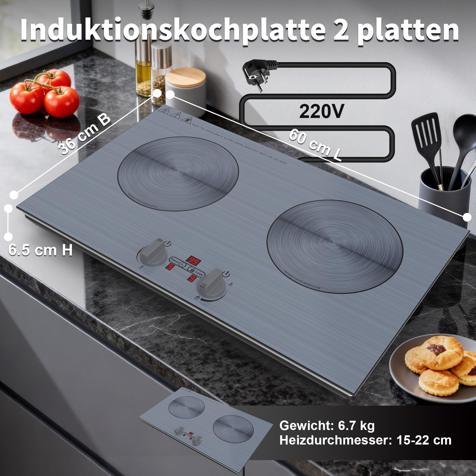 Placa de Inducción Portátil, Vitro Portatil 1 Fuego, Placa de Inducción de 1800 Vatios, 8 Niveles de Potencia, Temporizador 8 Horas, Bloqueo Infantil, Controles Táctiles, Fácil Limpieza