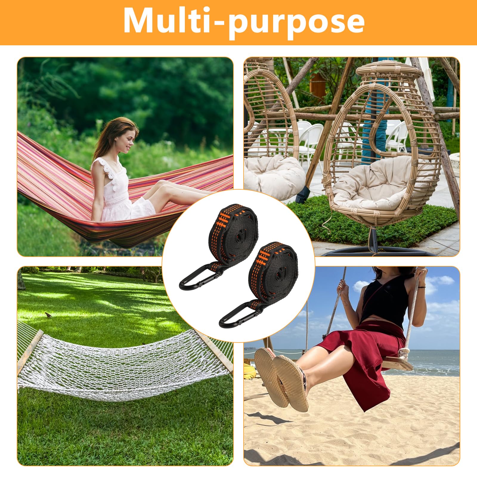 2 Piezas de árbol para Hamaca, Correas de suspensión para Columpio de 2,5 m, Kit de Correas de suspensión para Hamaca de Exterior para Silla Colgante de Camping + 3 mosquetones, máx. 200 kg