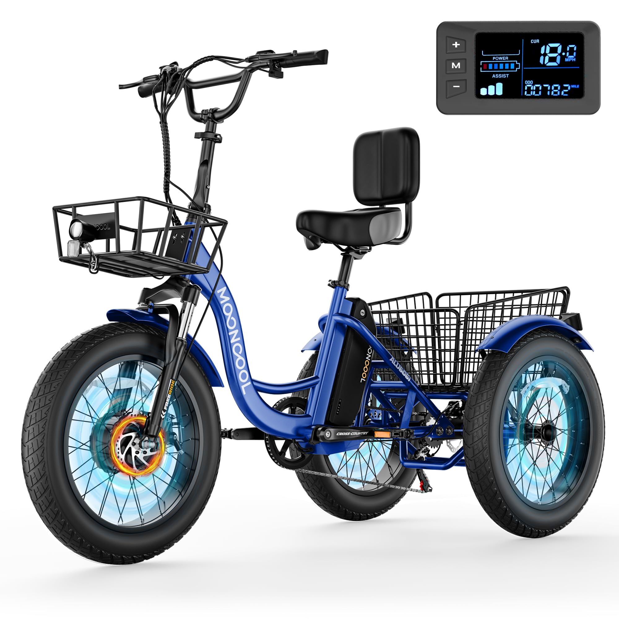 MOONCOOL Electric Tricycle for Adults, 20" x 4" Fat Tire Electric Trike, 48V 500W Motorized Electric Bicycle Bikes, 3 Wheels 7 Speed Ebike with Removable Battery, Aluminum Frame &amp; Large Basket