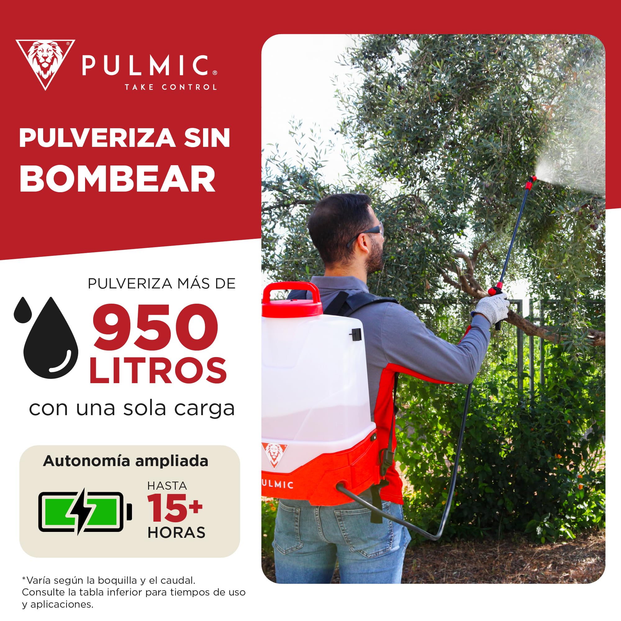 Pulverizador Eléctrico Pegasus 15L PULMIC, Sulfatadora eléctrica a Batería Litio 25V MAX Extraíble, hasta 15h Autonomía, 3 Velocidades, 3 Boquillas, Mochila Pulverizadora