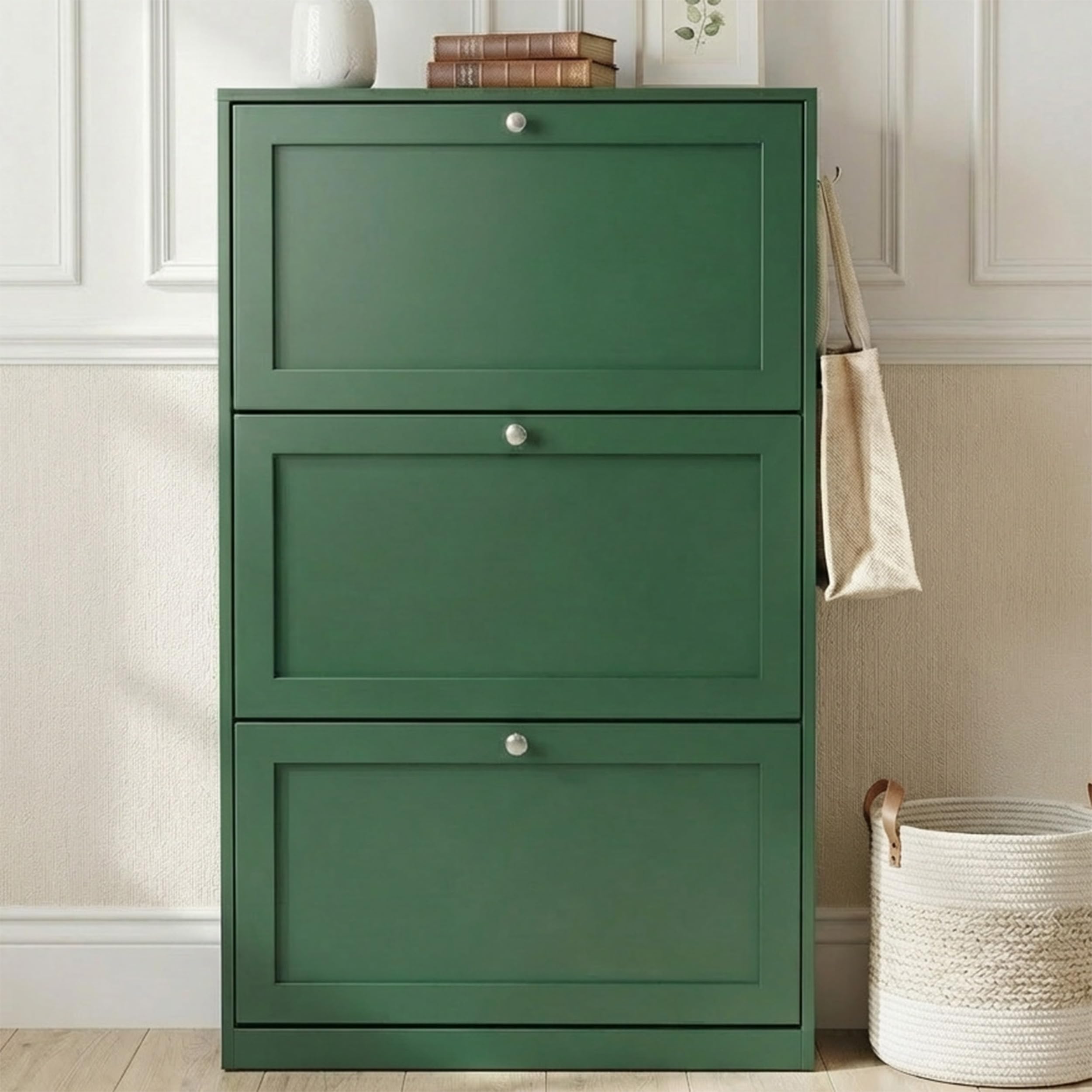 Blisswood Shoe Storage Cabinet with 3 Pull-Down Drawers, Wooden Shoe Rack Organiser for 15+ Pairs, Slim Space Saving Cupboard with Adjustable Shelves for Entryway, Living Room, Hallway Furniture_Green