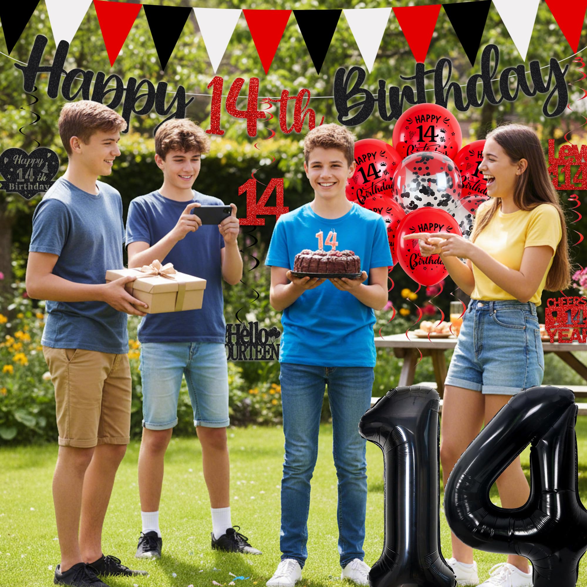 14th Birthday Decorations for Boys Girls - Black Red Glitter Happy 14th Birthday Letter Banner and Pennant Flags, Number 14 Foil Balloons and Hanging Swirls for 14 Years Old Children Party Supplies - 5