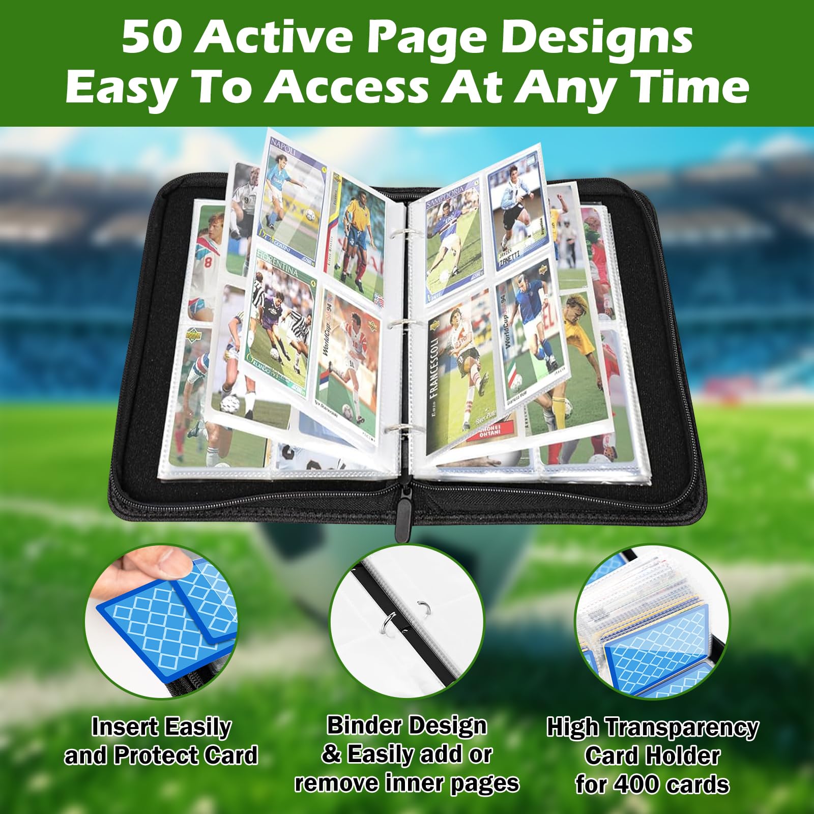 Football Card Binder 4-Pocket,Waterproof PU Trading Cards with 50 Pages 400 Pockets - Image 3