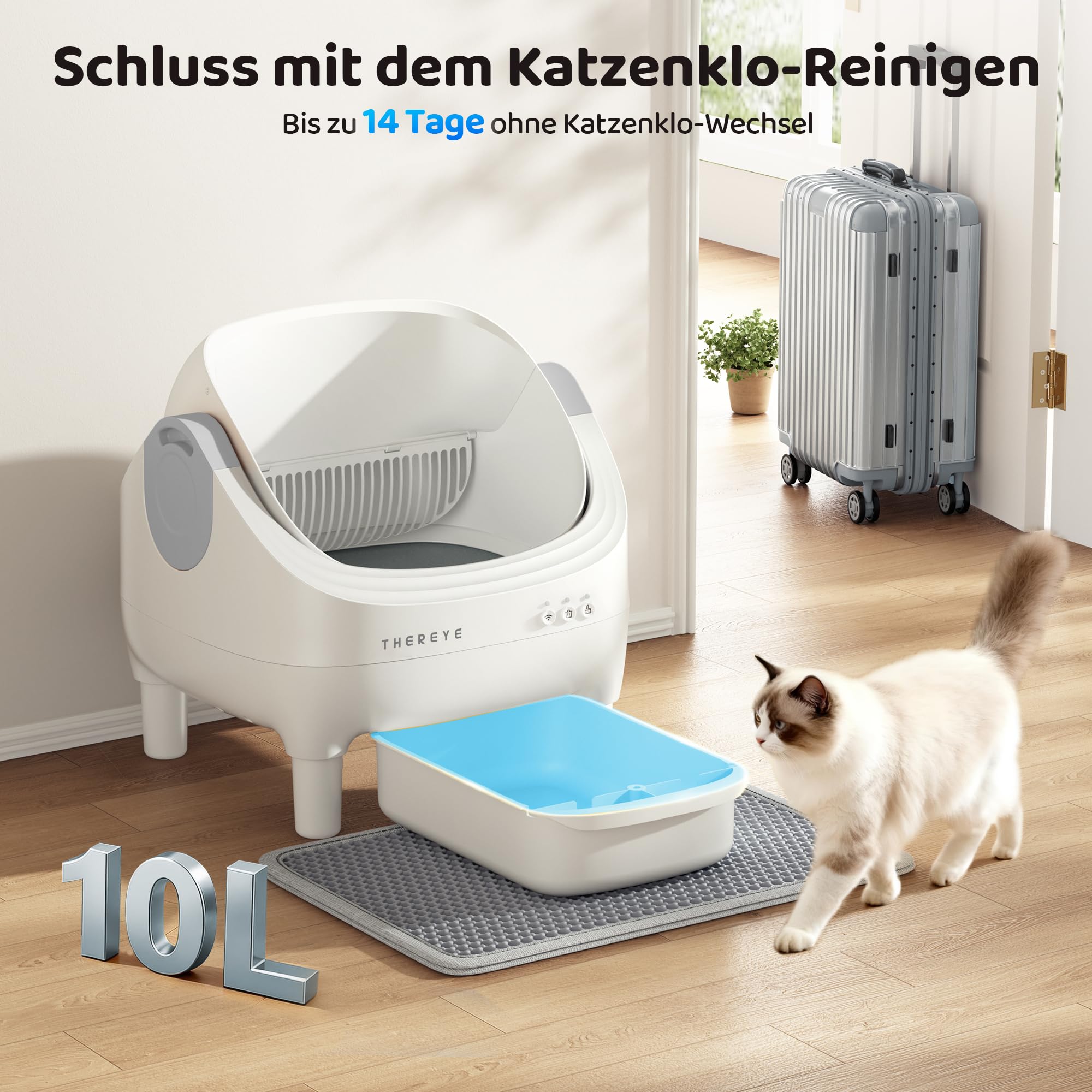 Thereye Selbstreinigende Katzentoilette XXL Kapazität,Katzenklo Selbstreinigend Offenes mit App-Steuerung,Sicherheitssensor,Geruchsbeseitigung,Sicherer Einklemmschutz,10L Mülleime für mehrere Katzen