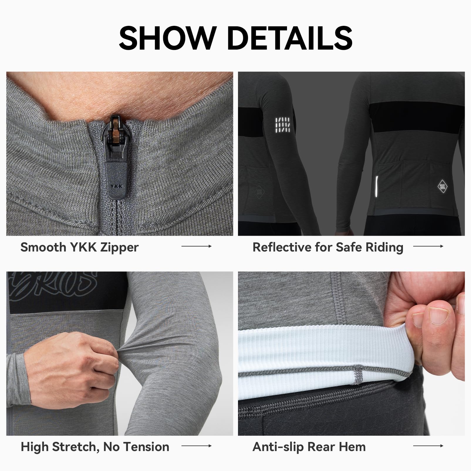 ROCKBROS Winter-Radtrikot für Herren, langärmelig, Thermo-Tencel & Merinowolle, Fahrradtrikot mit 3 Taschen, weich und atmungsaktiv