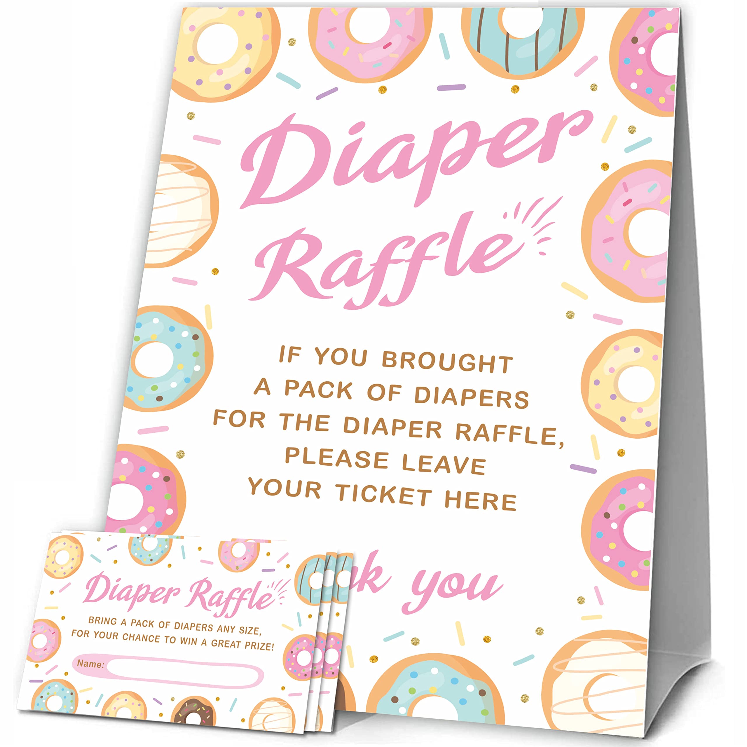 JCVUK Baby Shower Games, 1 Diaper Raffle Standing Sign with 50 Diaper Raffle Tickets,Donut Love Theme Babyshower Party Decorations and Supplies For