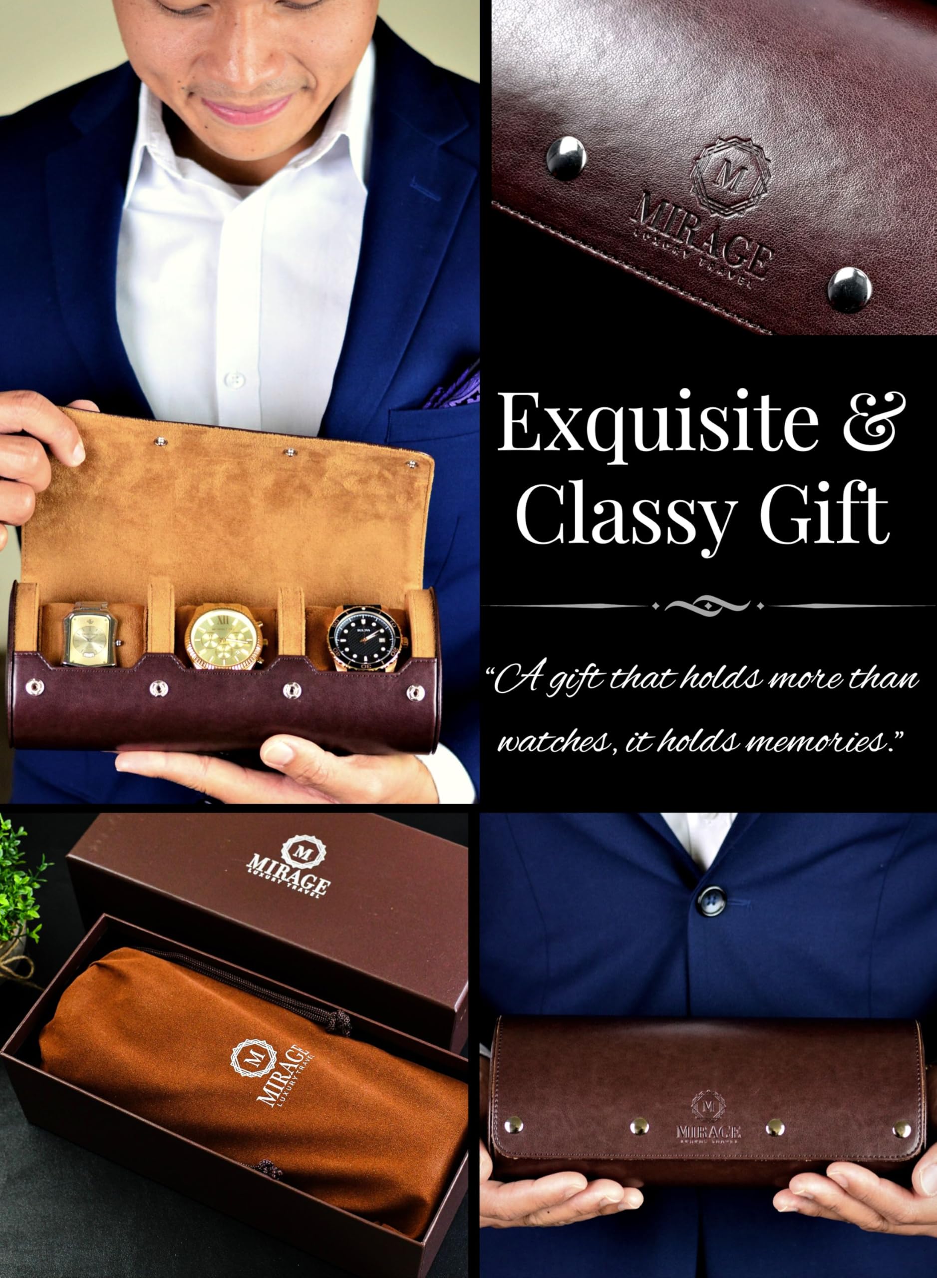 Custodia da viaggio per orologi da uomo, rotolo per orologi, organizer da viaggio ed esposizione, custodia per orologi, motivo svizzero di classe, marrone espresso in pelle vegana