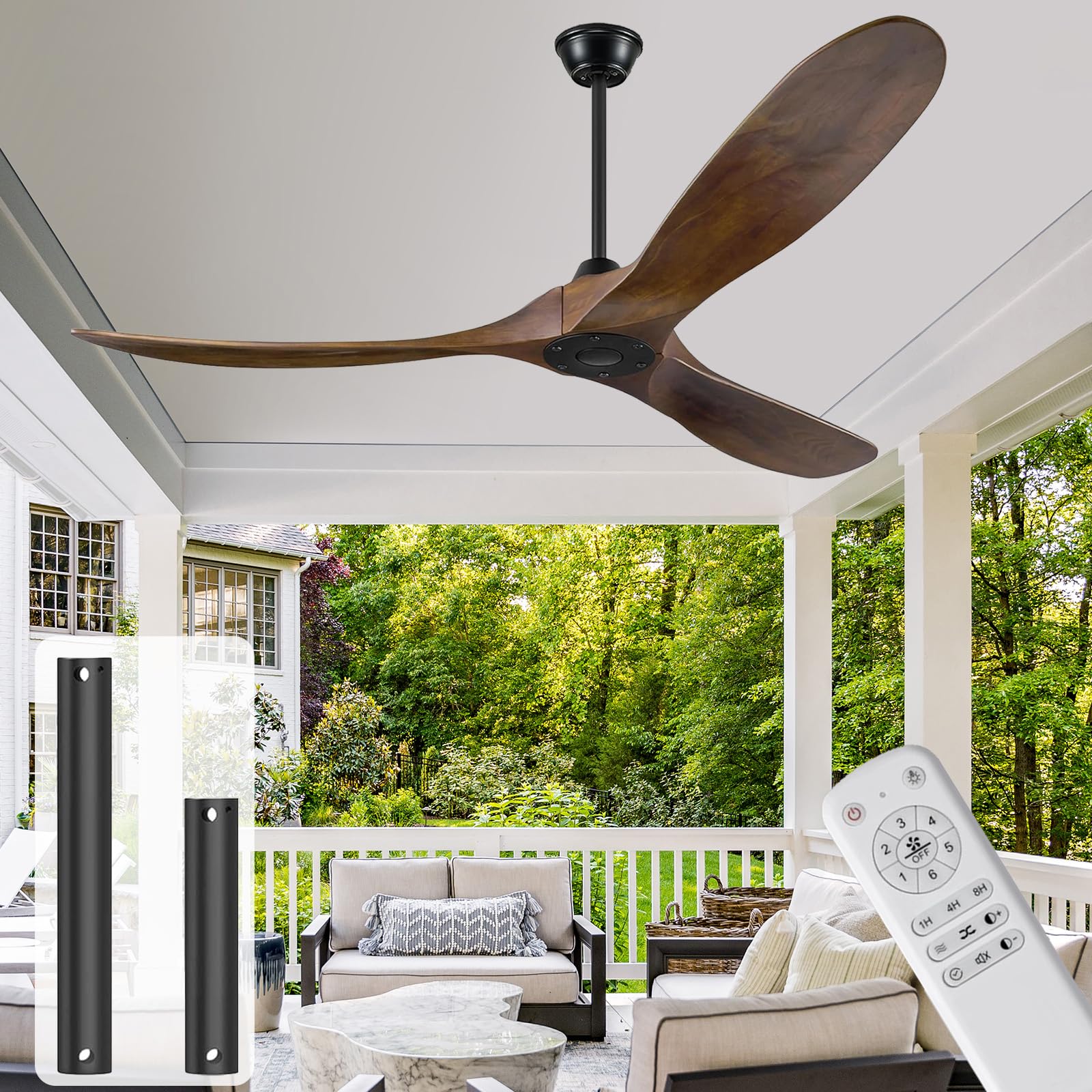 Madera Ventilador De Techo Madera Sin Luz Con Mando A Distancia, 152 Cm, Interior y Exterior Ventlador De Teho De HéLice De Techo, Ultra Silencioso Función Verano-Invierno Alto flujo de aire