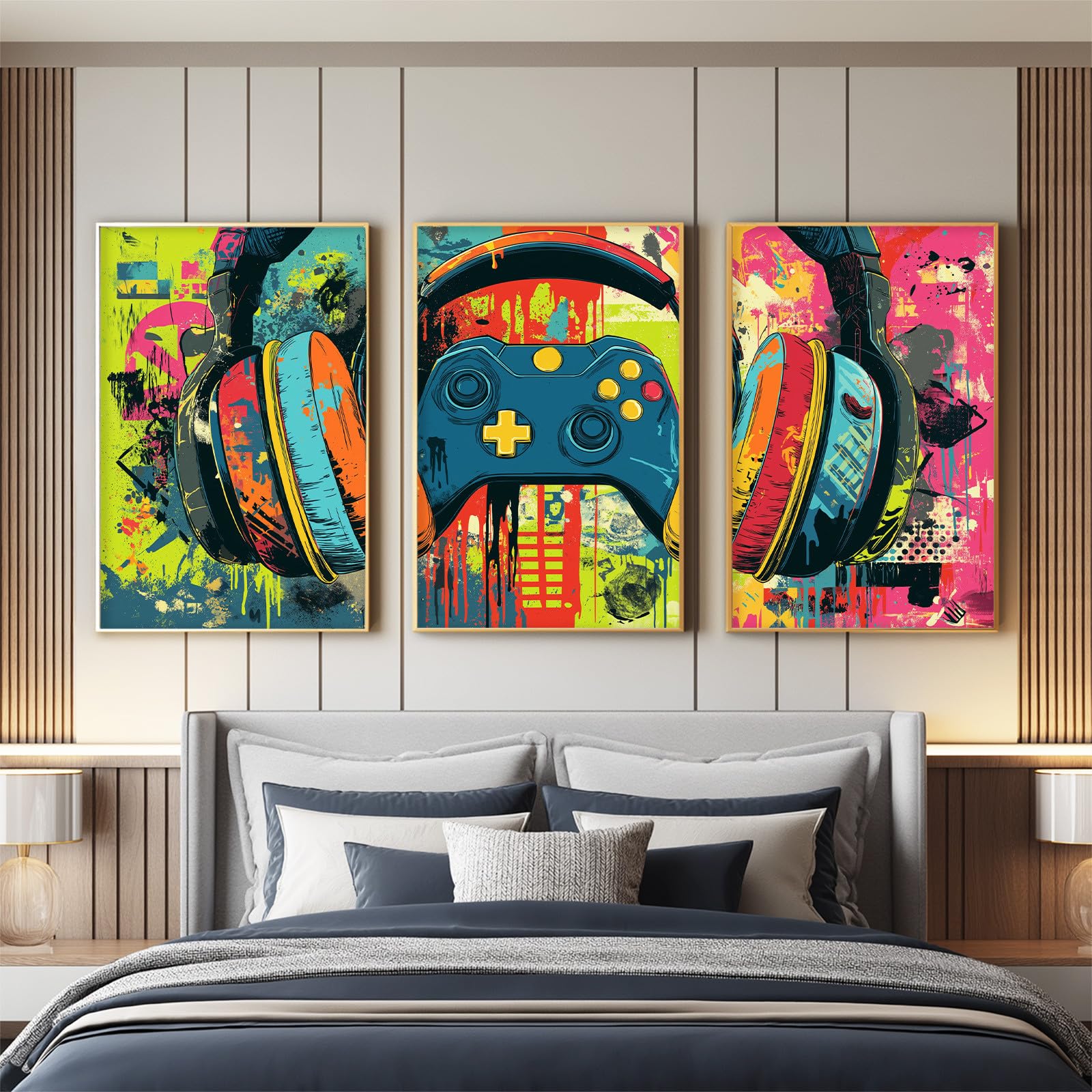Générique 3 Pièces Street Art Graffiti Tableau Decoration Murale, Impression sur Toile Jeu Manette Casque pour Maison Déco, Toile Peinture Affiche Chambre Bureau 50 x 70 cm