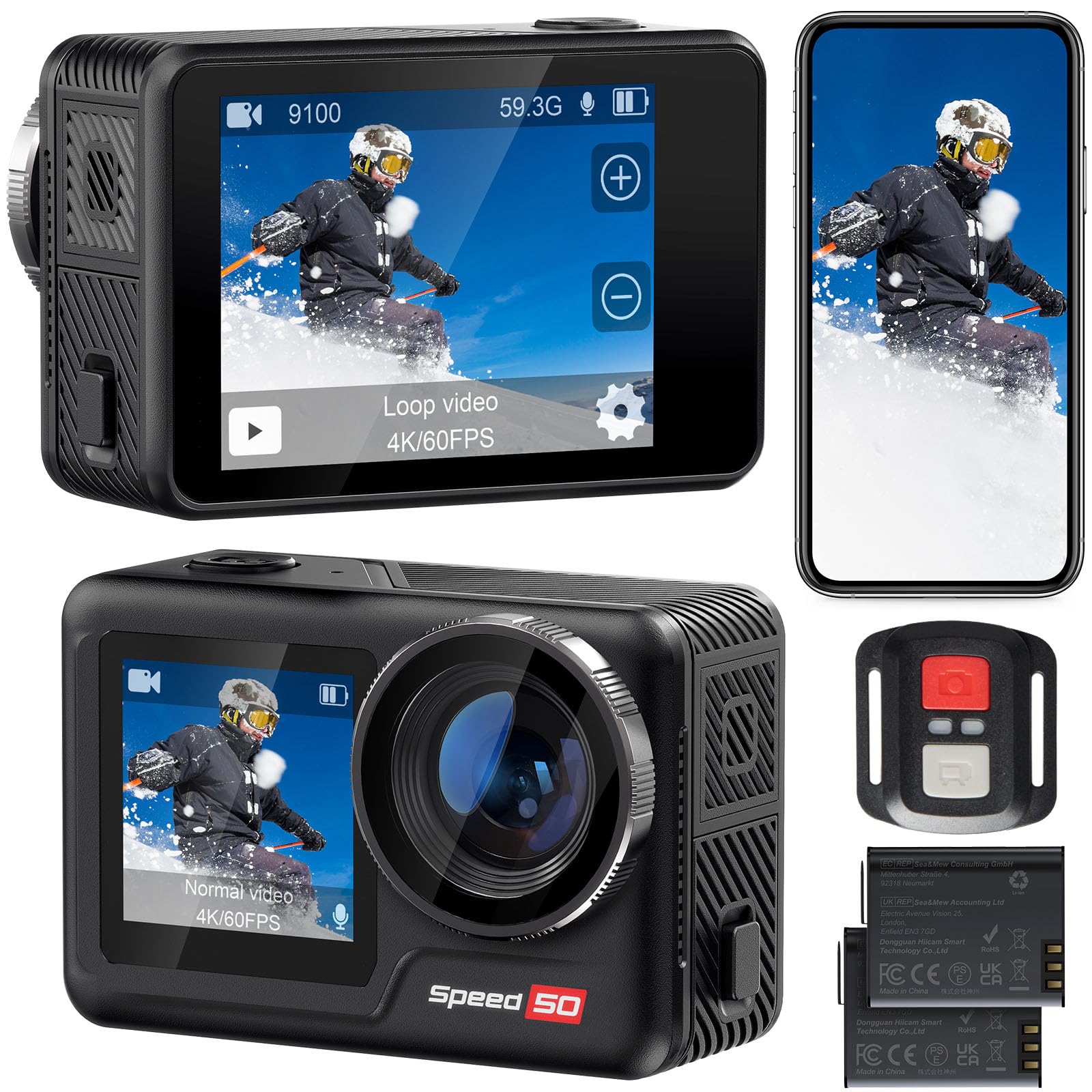Waterproof Action Camera Underwater,Sports Camera 4K60FPS 30MP with EIS/Dual Screen/5X Zoom/Remote Control,Bare Underwater Camera with Waterproof Case