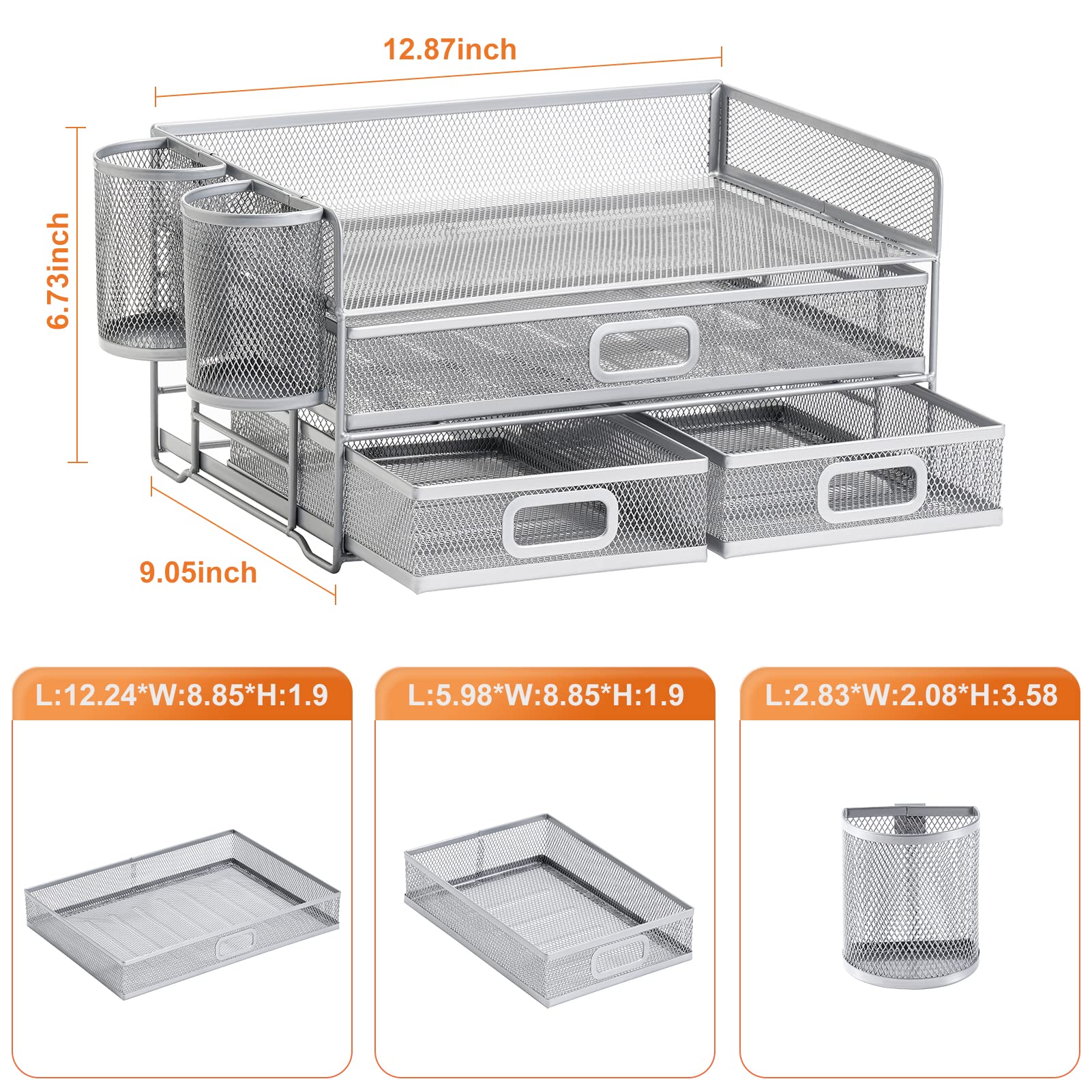 Marbrasse Organizer da scrivania a 3 ripiani in rete con cassetto, organizer multifunzione da scrivania e accessori, organizer per lettere di carta con 2 portapenne, per forniture per casa e ufficio,