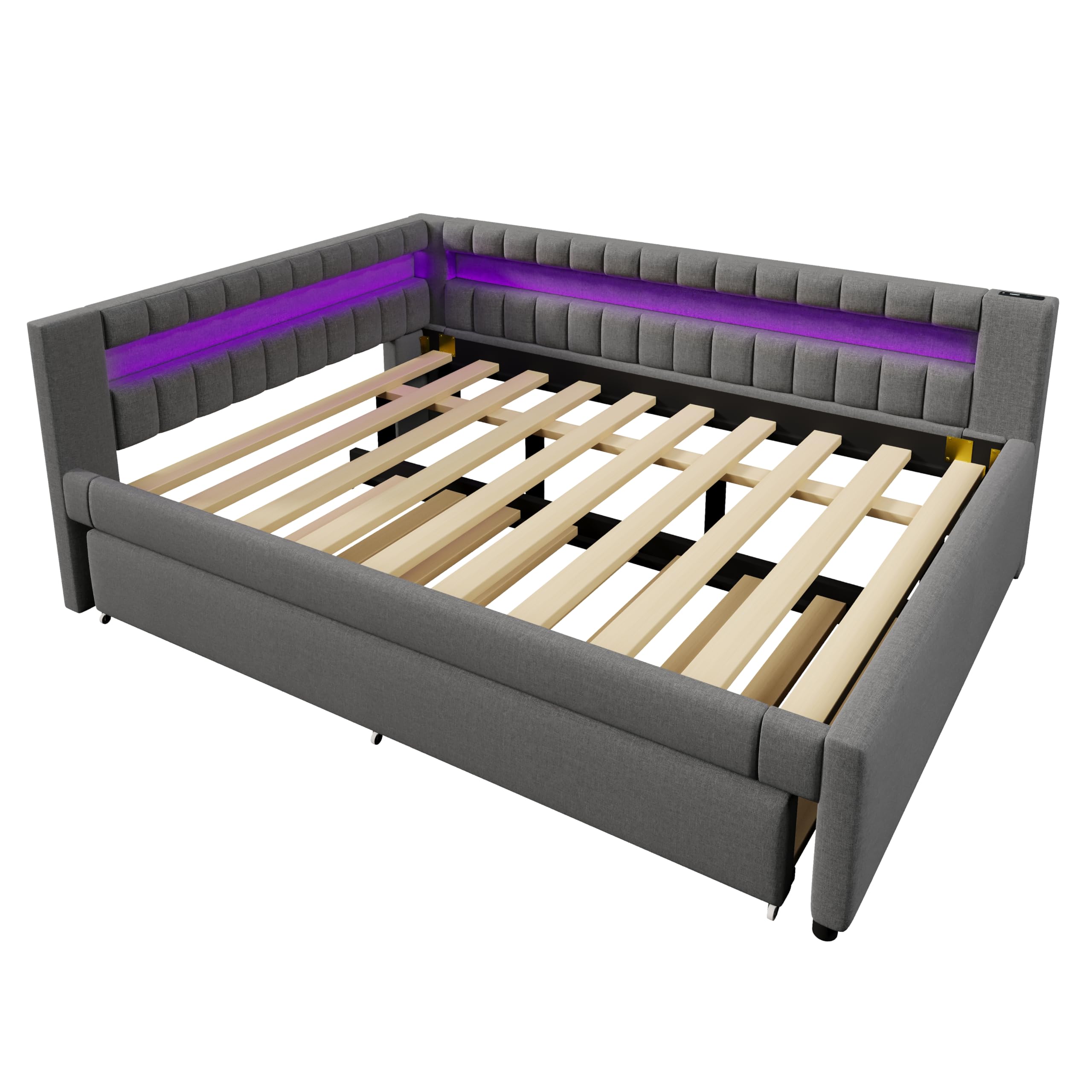 Lubvtti Divano letto 140×200 cm, testiera a L con striscia luminosa a LED, Divano letto con letto estraibile 90×190, Letto matrimoniale con porta USB, Tessuto in lino, Grigio (materasso non incluso)