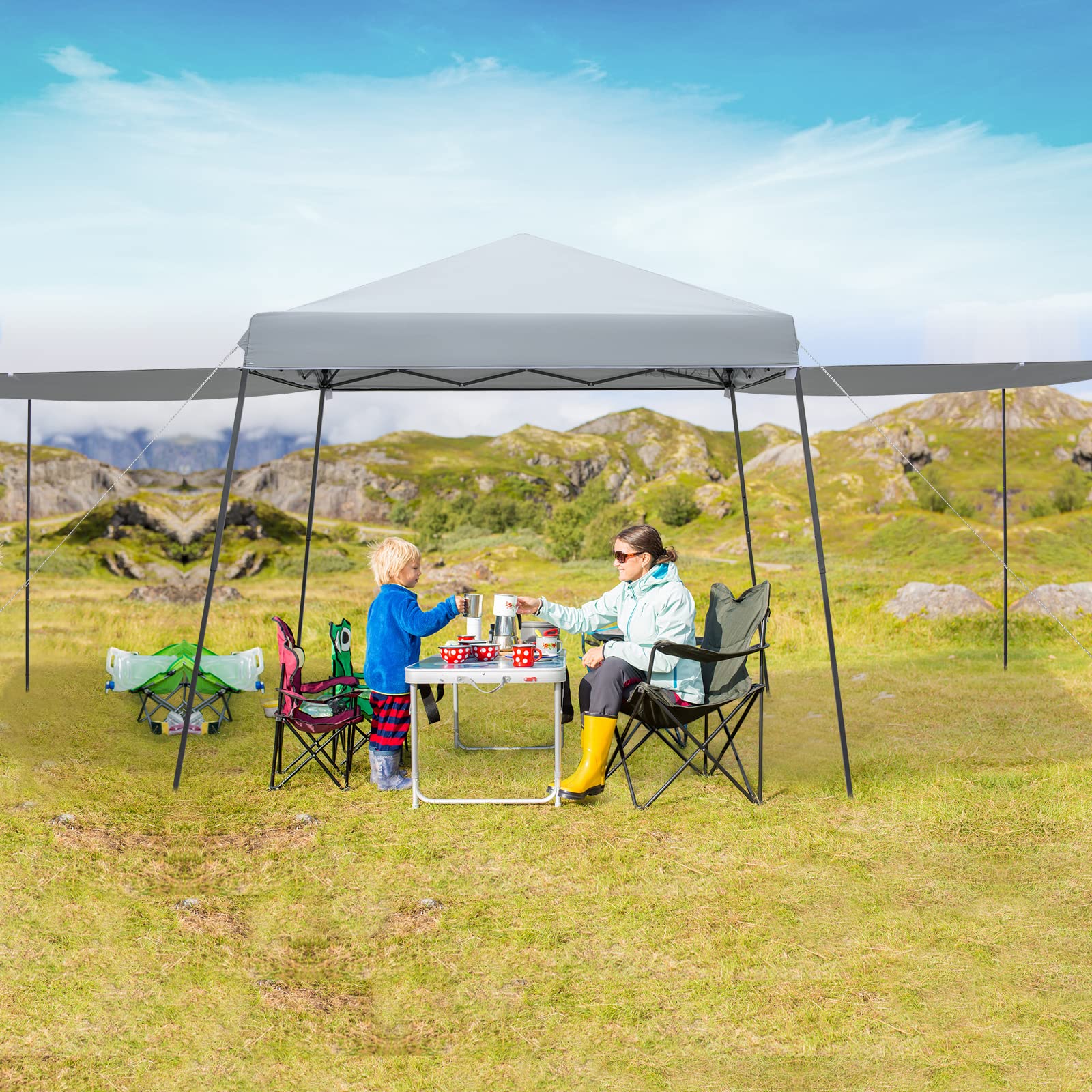 COSTWAY Gazebo Pieghevole 3 x 3 m, con Pareti/Tende Parasole, Gazebo Pop Up Impermeabile e Protettivo da Sole, con Altezza Regolabile e Borsa a Ruote, per Giardino Spiaggia e Campeggio