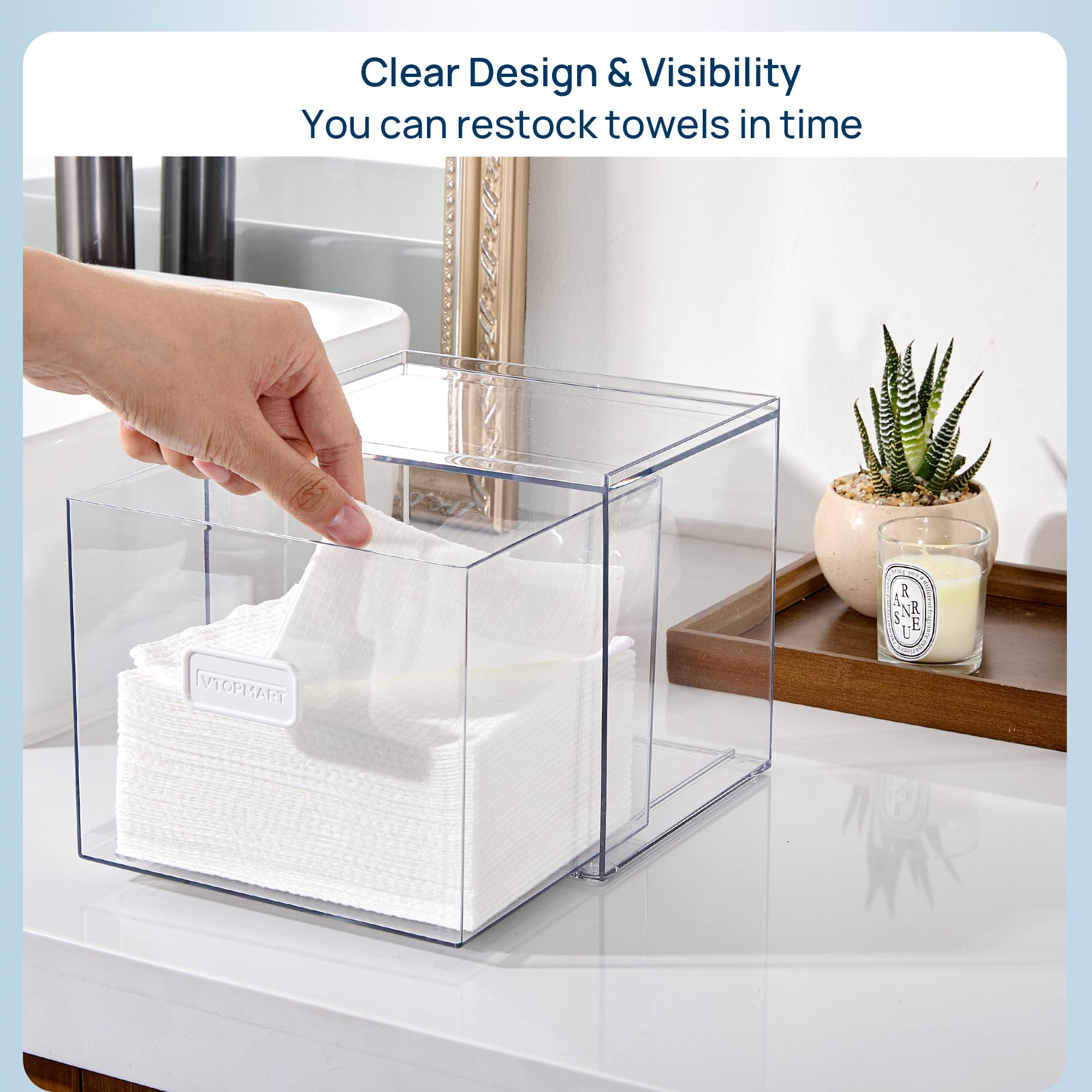 Vtopmart Cajón de almacenamiento de toallas faciales desechables compatible con Clean Skin Club Towel XL, caja acrílica con capacidad para 50 unidades, accesorio de baño elegante y funcional para