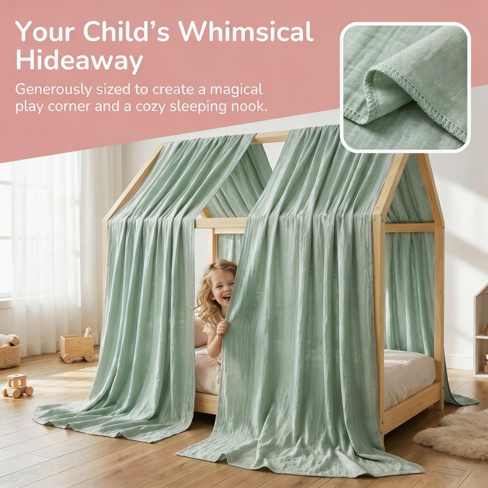 2 Stück Hausbett Himmel, Betthimmel Babybett aus Musselin,Weich und atmungsaktiv Baldachin Kinderzimmer Deko,Hausbett Himmel Deko Set für Mädchen & Jungen-62 x 270cm Hellgrün