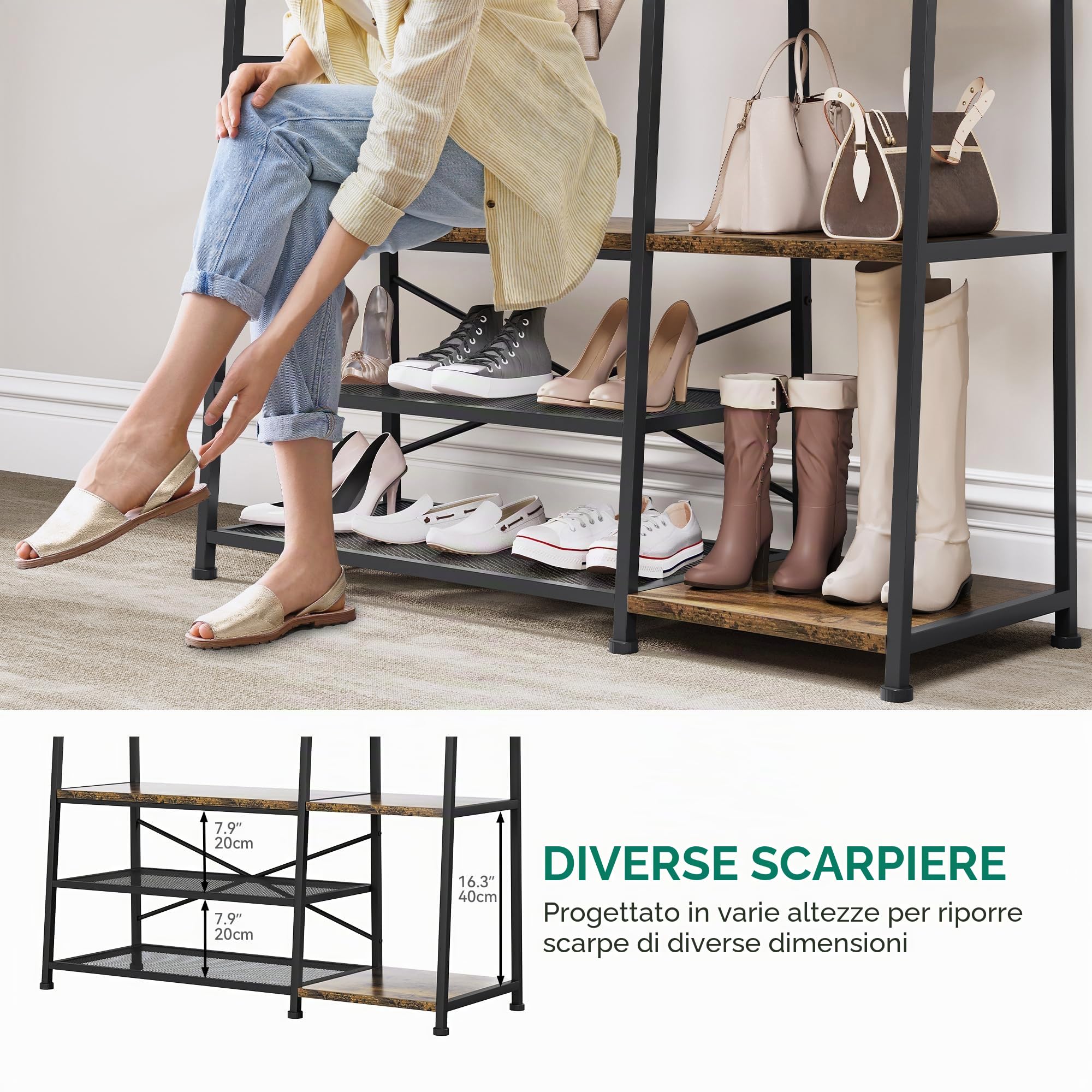 YITAHOME Appendiabiti con Portascarpe, Appendiabiti Autoportante con Panca Appendiabiti Industriale con 9 Ganci e 5 Ripiani Appendiabiti per Camera da Letto Soggiorno Corridoio Ingresso, Marrone