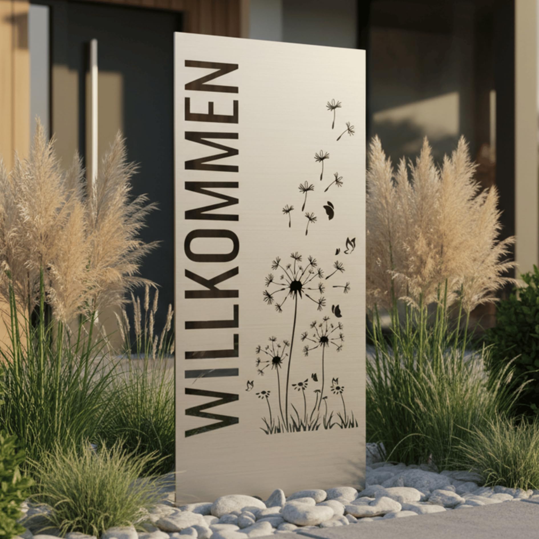 Terma Stahldesign Edelstahl Stele 120x50 cm Willkommen Pusteblume Gartenschild Gartenstele Sichtschutz modern Outdoor Handmade Germany