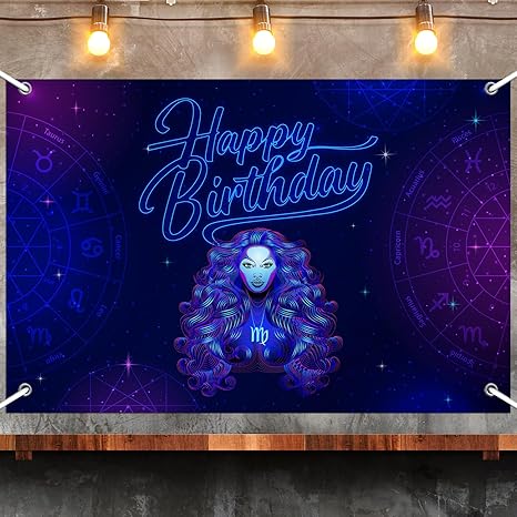 Virgo Happy Birthday Backdrop, Blue and Silver Birthday Background Drapes for Men Women Kids Boys Girls, 12 Constellation Zodiac Theme Birthday Party Decorations Supplies, 3.6ft x 6ft