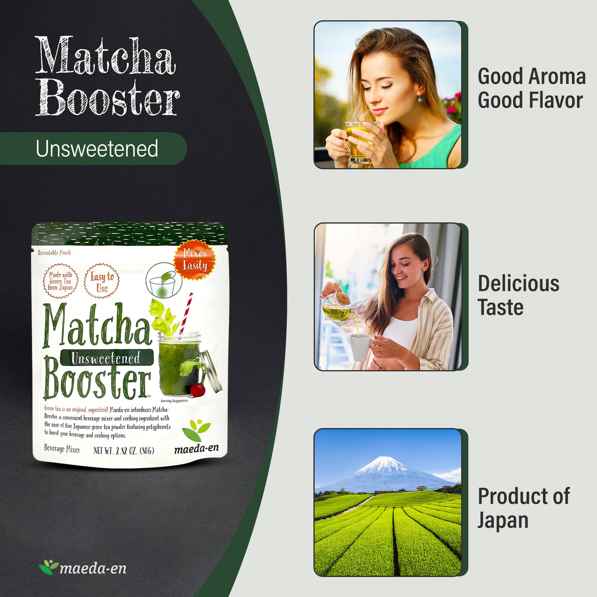 MAEDA-EN Matcha Booster Unsweetened Green Tea Powder 80g Japanese Origin Resealable Pouch for Latte Smoothies and Baking 27143 — view 4