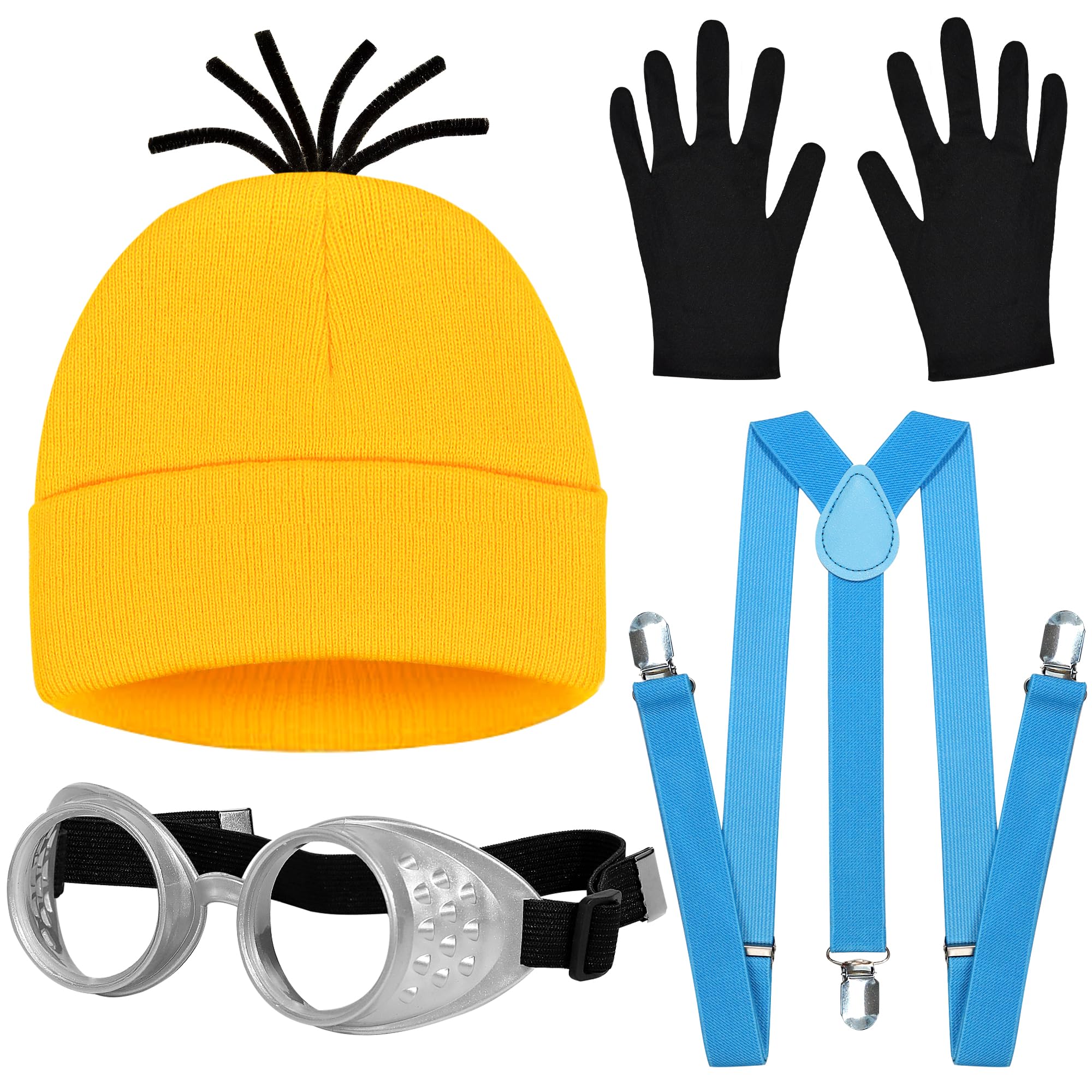 itswordpiz Halloween Costumes for Women Adult, 3PCS Steampunk Goggles Yellow Beanie Hat & Black Gloves and Blue Suspenders for Men Women Funny