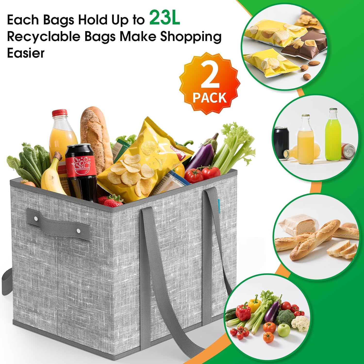Fab totes Reusable Grocery Bags, Large Foldable Shopping Tote Bags with Reinforced Handles & Hard Bottom,Water Resistant Grocery Bags for kitchen,Picnic,2 Pack, Grey - Image 4