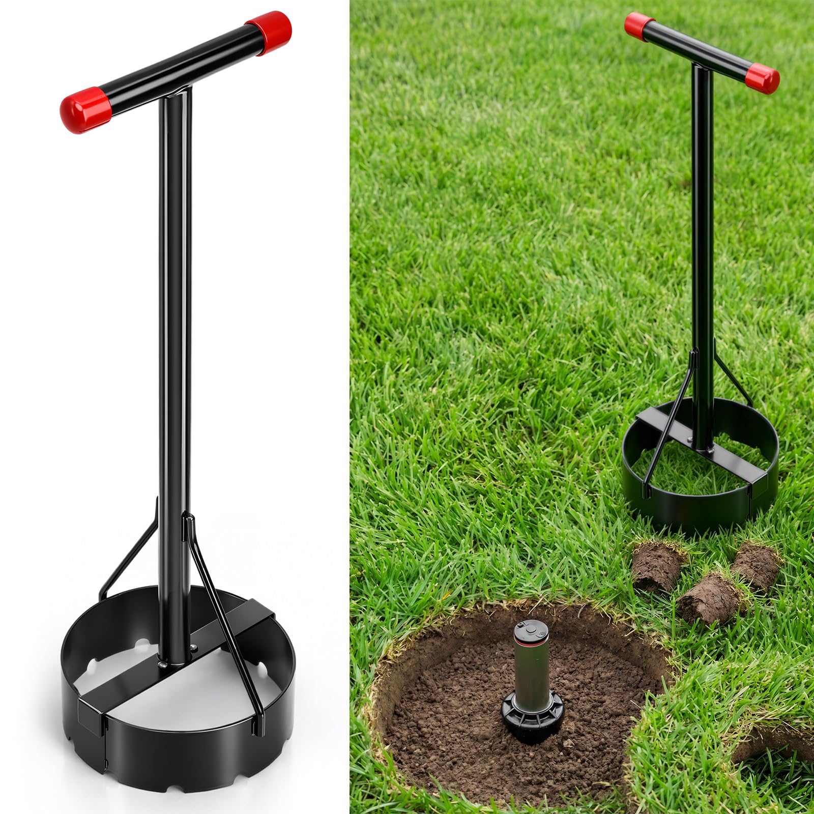 Cortador de rosquillas para aspersores de 7 pulgadas, cortador de césped para cabezales de aspersores, mango recubierto de vinilo de acero, herramienta eficiente para el cuidado del césped