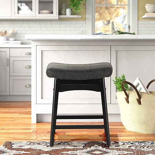 Miniatura 24 de Juego de 4 taburetes de bar de madera maciza blanca para encimera de cocina, taburetes de bar costeros con taburetes tapizados de piel sintética