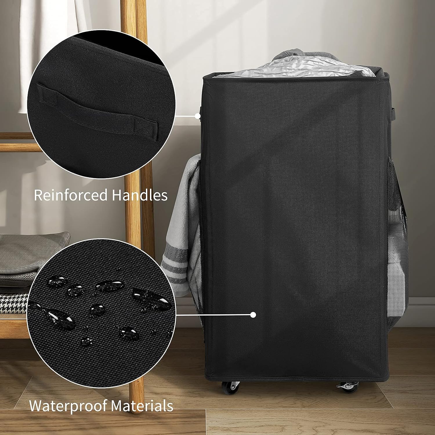 Chrislley 90L Rolling Laundry Basket Large Laundry Hamper with Wheels Collapsible Clothes Hamper Rolling Tall Laundry Storage Cart Foldable Clothes Organizer (Black)