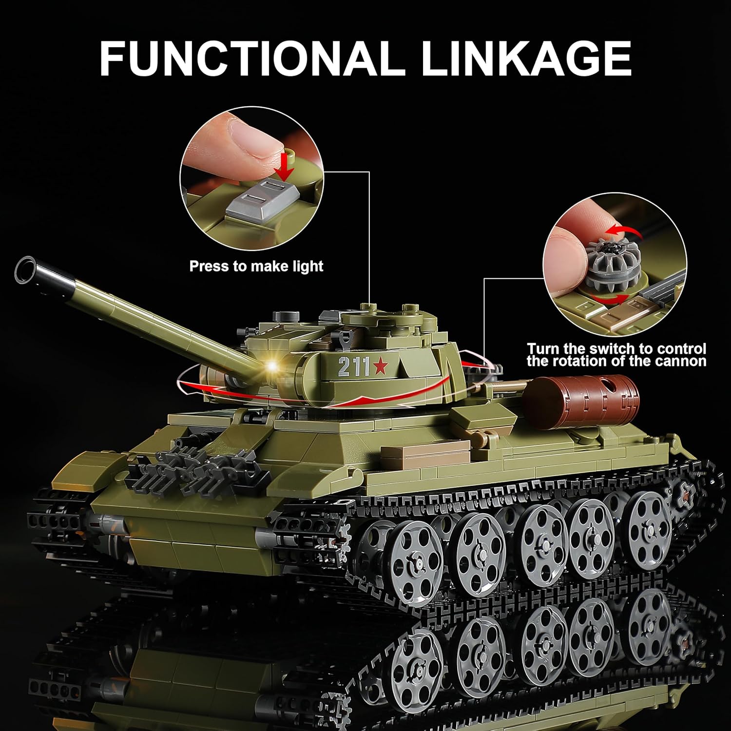 Close-up of the T-34 tank showing a finger pressing the light button and turning the turret knob.