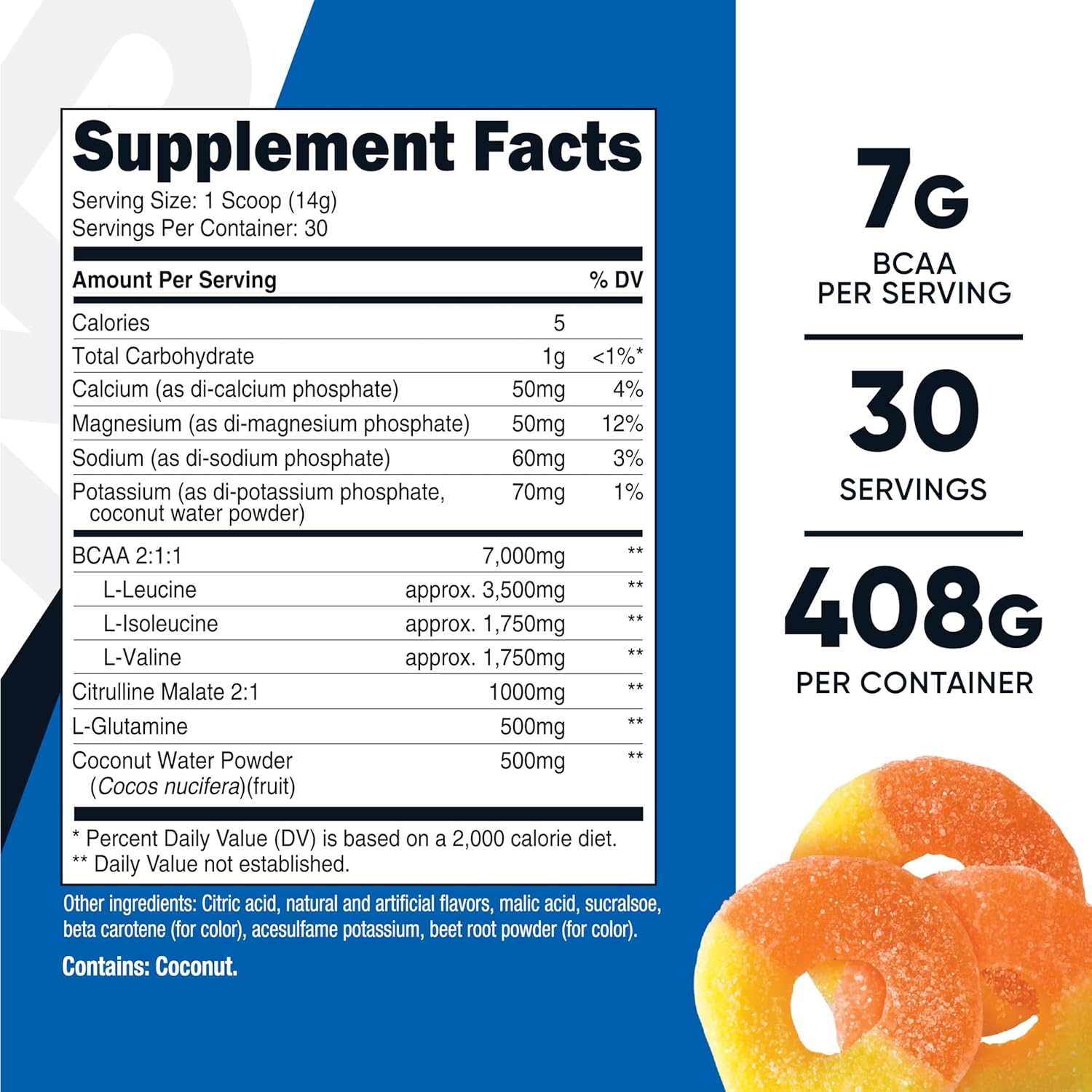 Nutricost BCAA + Hydration Powder (Peach Rings) 30 Servings - Branched Chain Amino Acids with Hydration Complex - Gluten-Free, Non-GMO