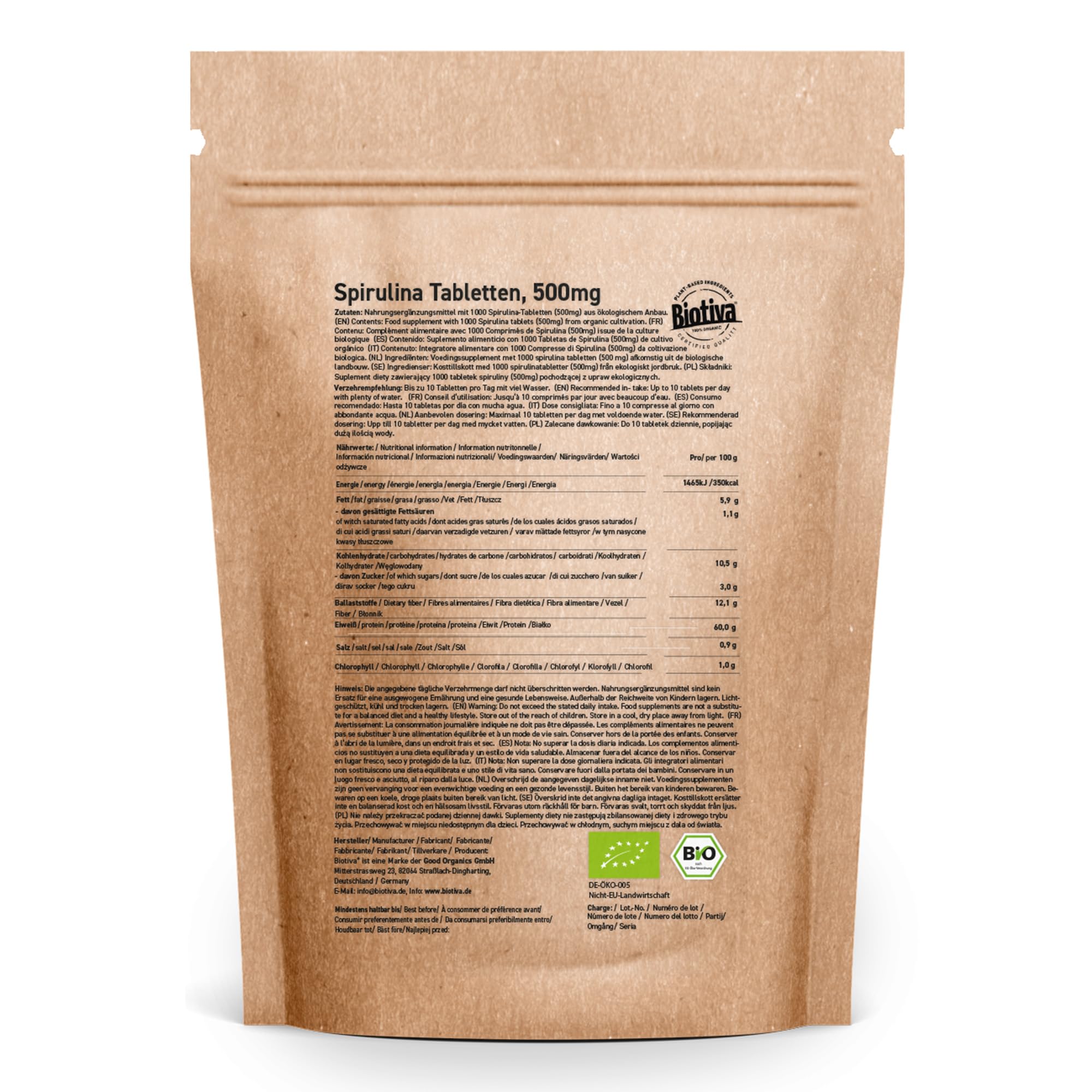 Comprimés de spiruline bio - 500g - Qualité biologique supérieure - Hautement dosé - Algue arthrospira platensis - Biotiva