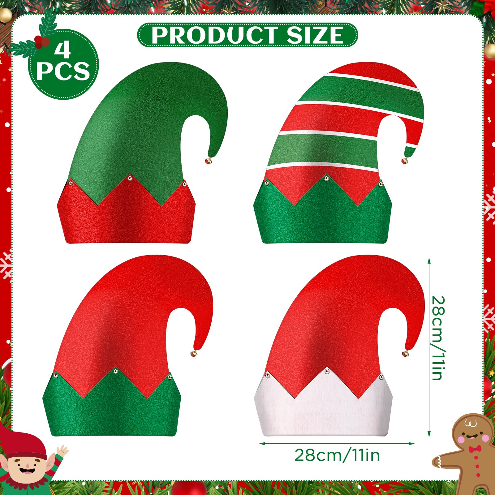 4 Packs Christmas Elf Felt Hats Unisex Classic Santa Elf Hats Jingle Bells Green and Red Xmas Funny Hat for Christmas New Year Holiday Party Photos Props Cute Dress up Christmas Costume Gifts Favors
