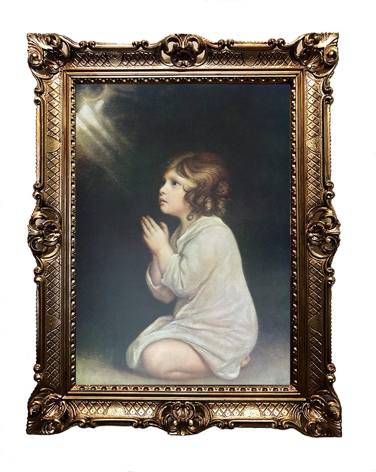 Mädchen kniend betend Gemälde Antik Barock Rahmen Barockrahmen mit Bild Wandbild 70x90cm Kunstdrucke Gemälde Religiöse Bilder Kunst von Heiligen Retro Repro für Home Büro Praxis Café 58B