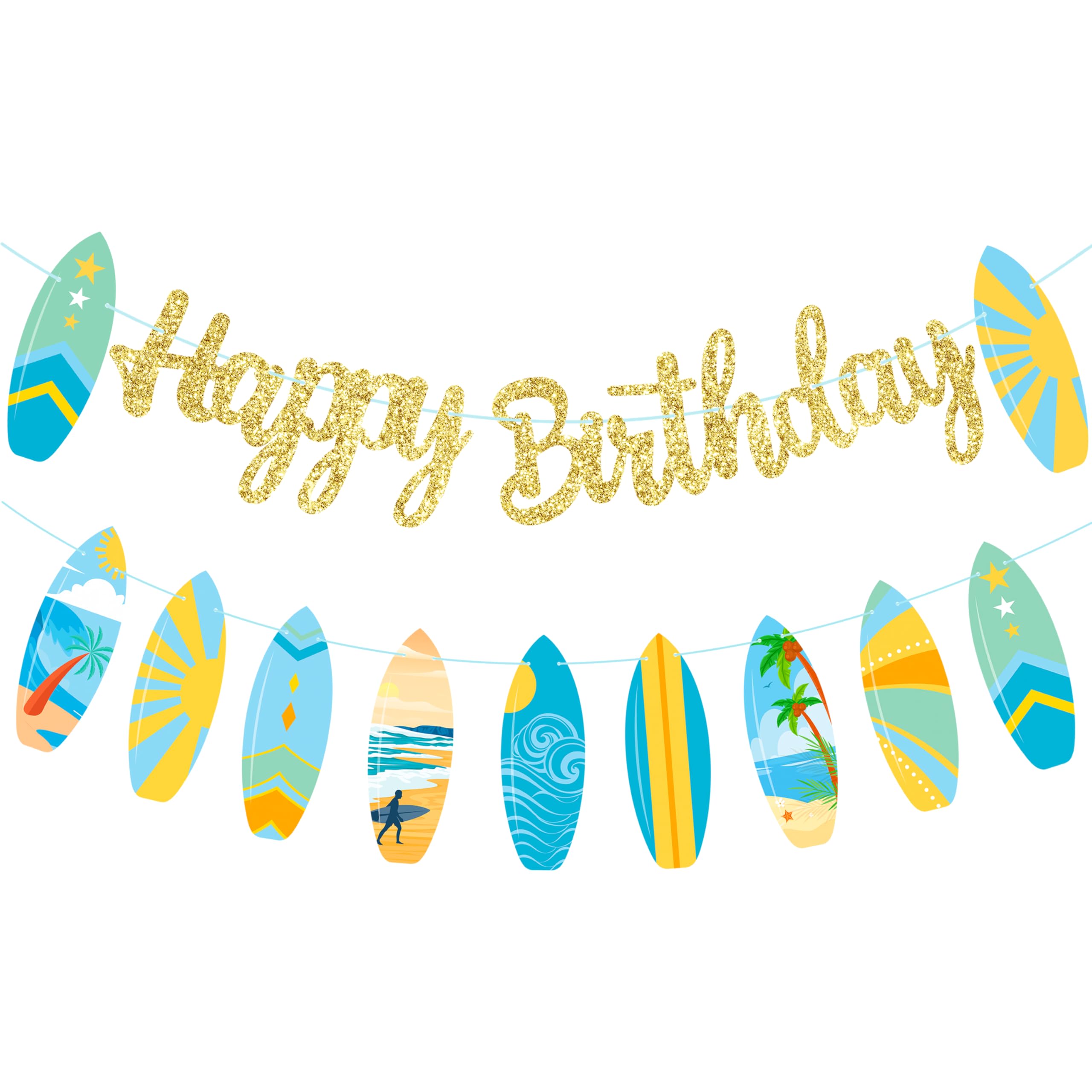 Surfboard Happy Birthday Banner Glitter Surf Beach Birthday Party Supplies for Summer Beach Surf Birthday Party Supplies