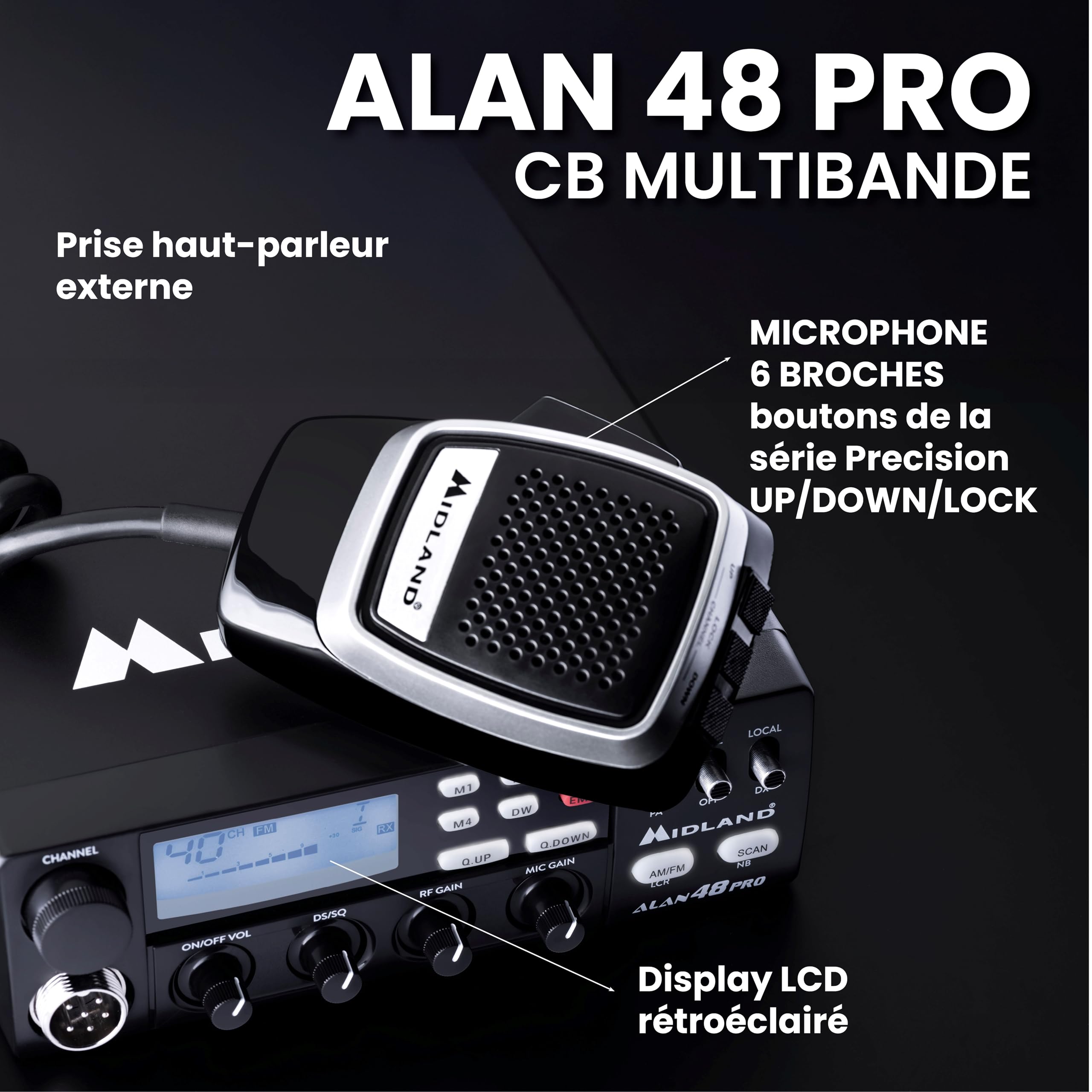 Midland - Radio CB Alan 48 Pro, Radio Récepteur Émetteur Véhicule Multibande sans Licence, Puissance Réglable 1W/4W, Écran LCD, Scan, Dual Watch, RF Gain, Filtres ANL et Noise Blanker, Micro 6 Pin