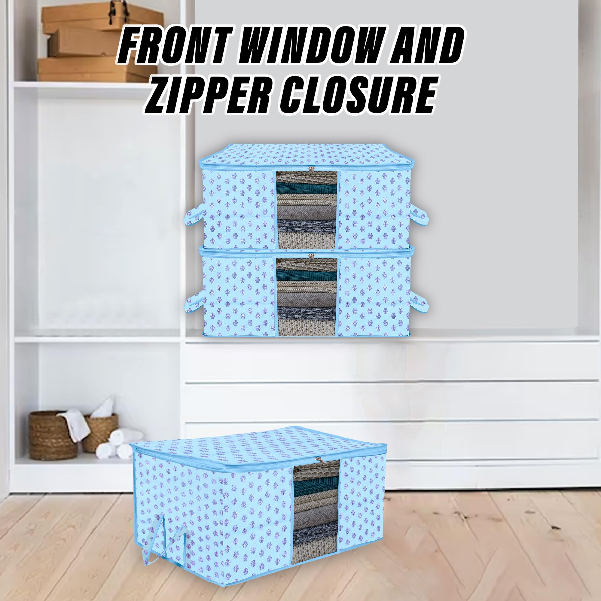 Kuber Industries Unterbett-Aufbewahrungstasche | Kleideraufbewahrung | Deckenbezug mit transparentem Fenster | Reißverschluss und Griff | Stoff-Organizer | Blumen-Design | groß | 4 Stück | Himmelblau