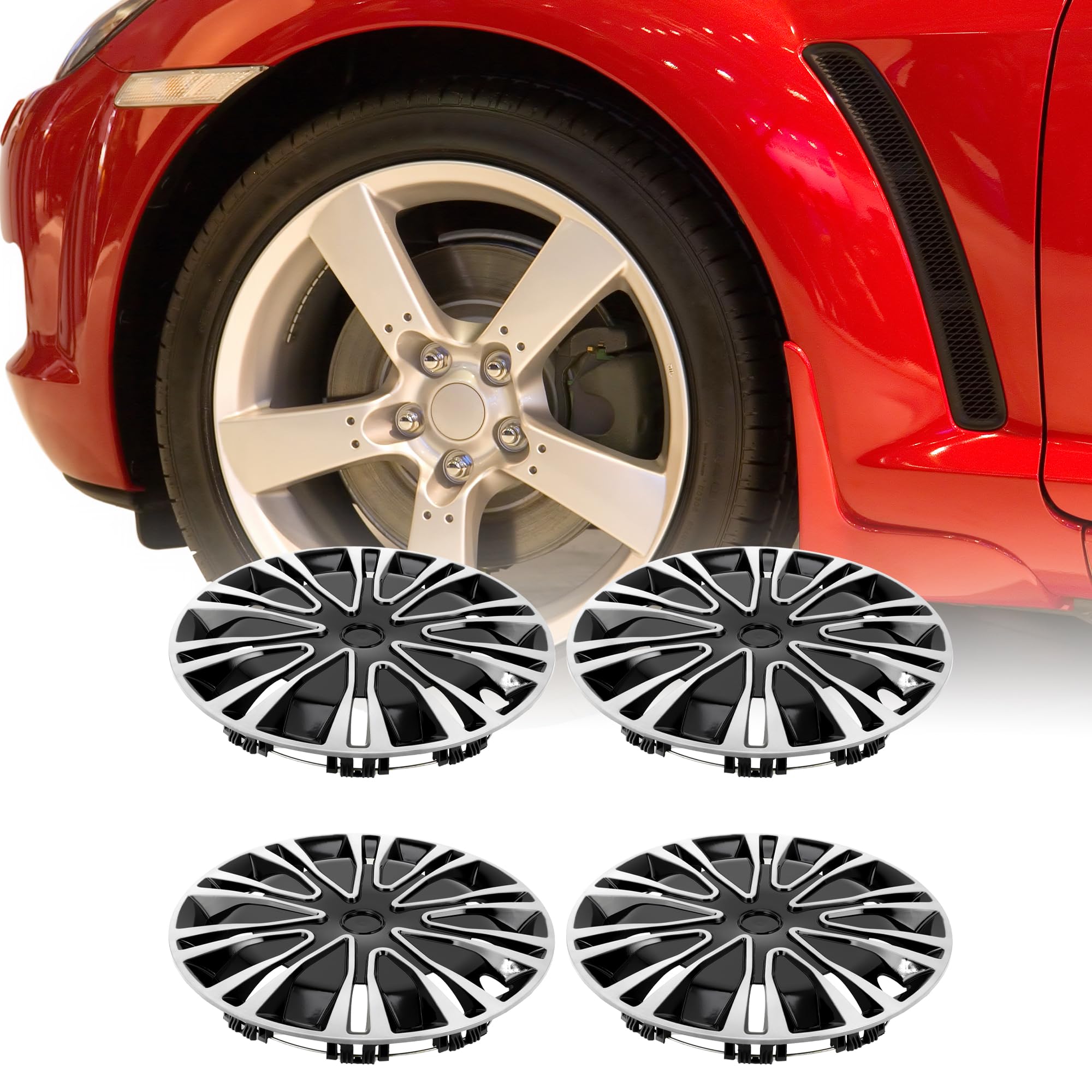 A ABSOPRO Copricerchi 15 Pollici Argento Nero 4 Pezzi Plastica Decorativo | Altezza 5 Cm. Adattamento Universale. Non Adatto Per Cerchi In Lega. Stile Elegante.