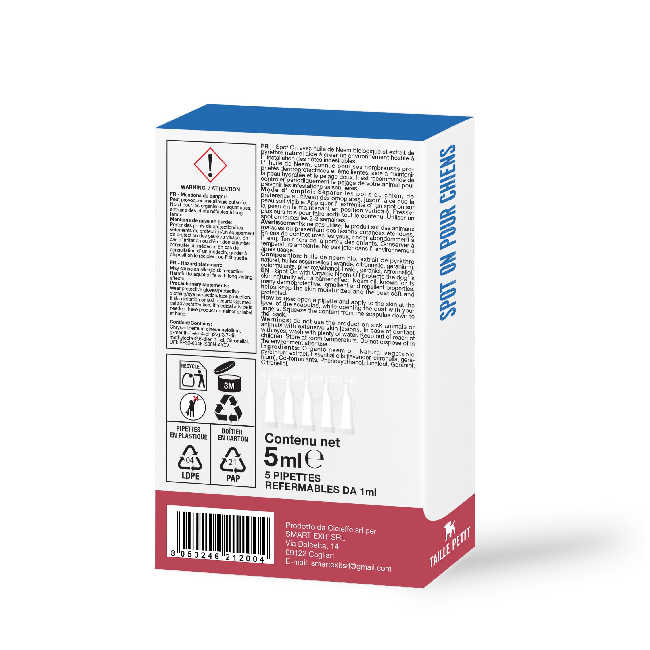 Spot on Antiparasitaire Naturel pour Chiens, 5 Pipettes Refermables Longue Durée, Protège Contre Puces, Tiques, Phlébotomes, Moucherons (Jusqu'à 10 Kg - Petite Taille et Chiots)