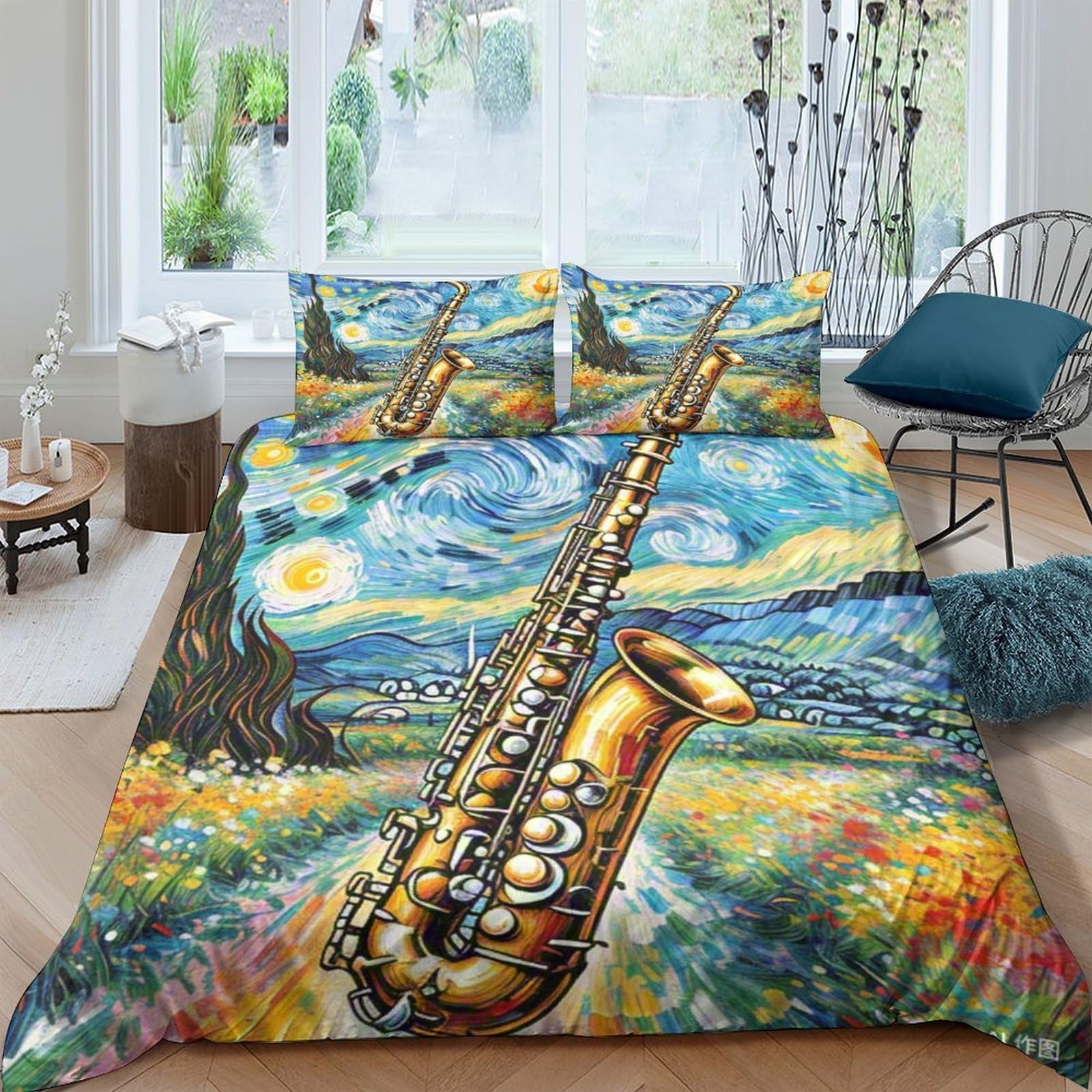 Housse de couette saxophone 3D parure de lit double microfibre enfants garçons filles 200x200