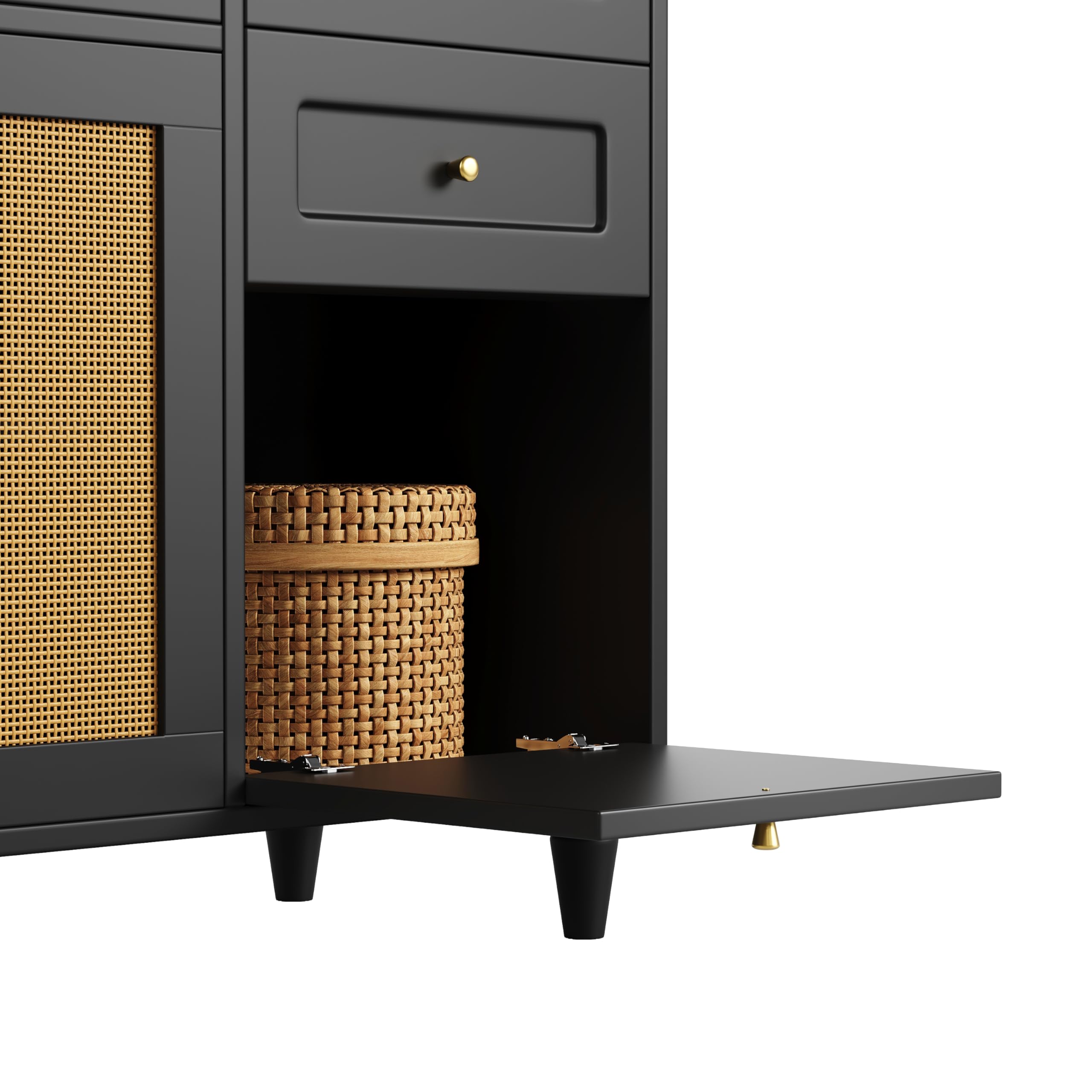 Küchenschrank, Hochschrank,Vitrinenschrank, Buffetschrank mit Verstellbaren Ablagen, Esszimmerschrank mit 3 Schubladen,Sideboard mit LED-Beleuchtung, PE-Rattan, schwarz
