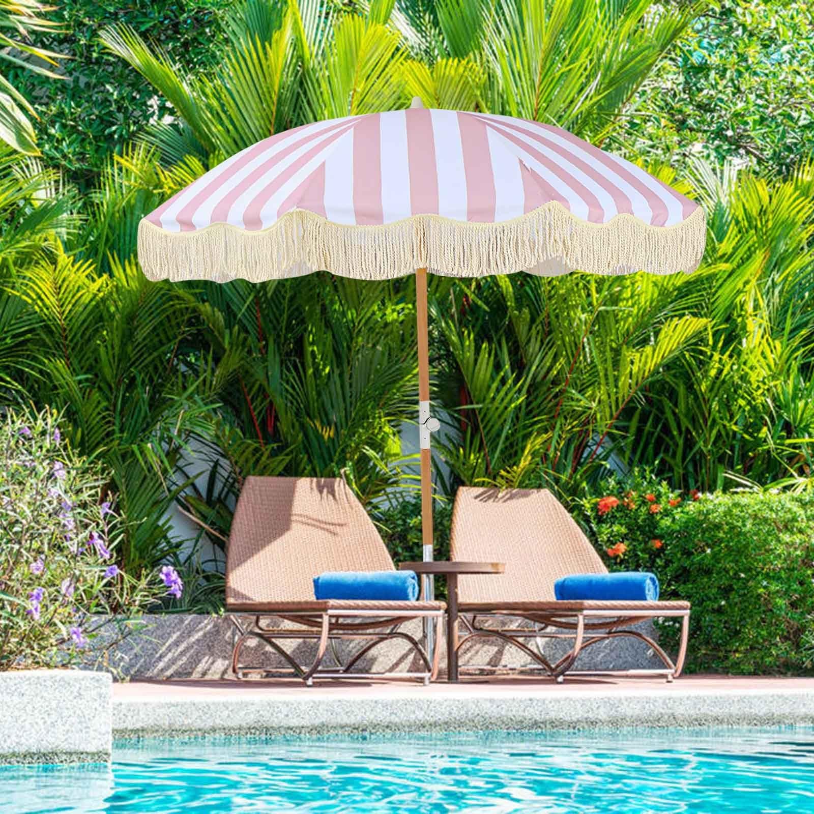 6ft Patio Umbrella With Fringe Pink White Striped Beach Umbrella For Sand UPF50+ UV Protection Outdoor Boho Umbrella With Tassels With Carry Bag Table Umbrella Heavy Duty With Tilt For
