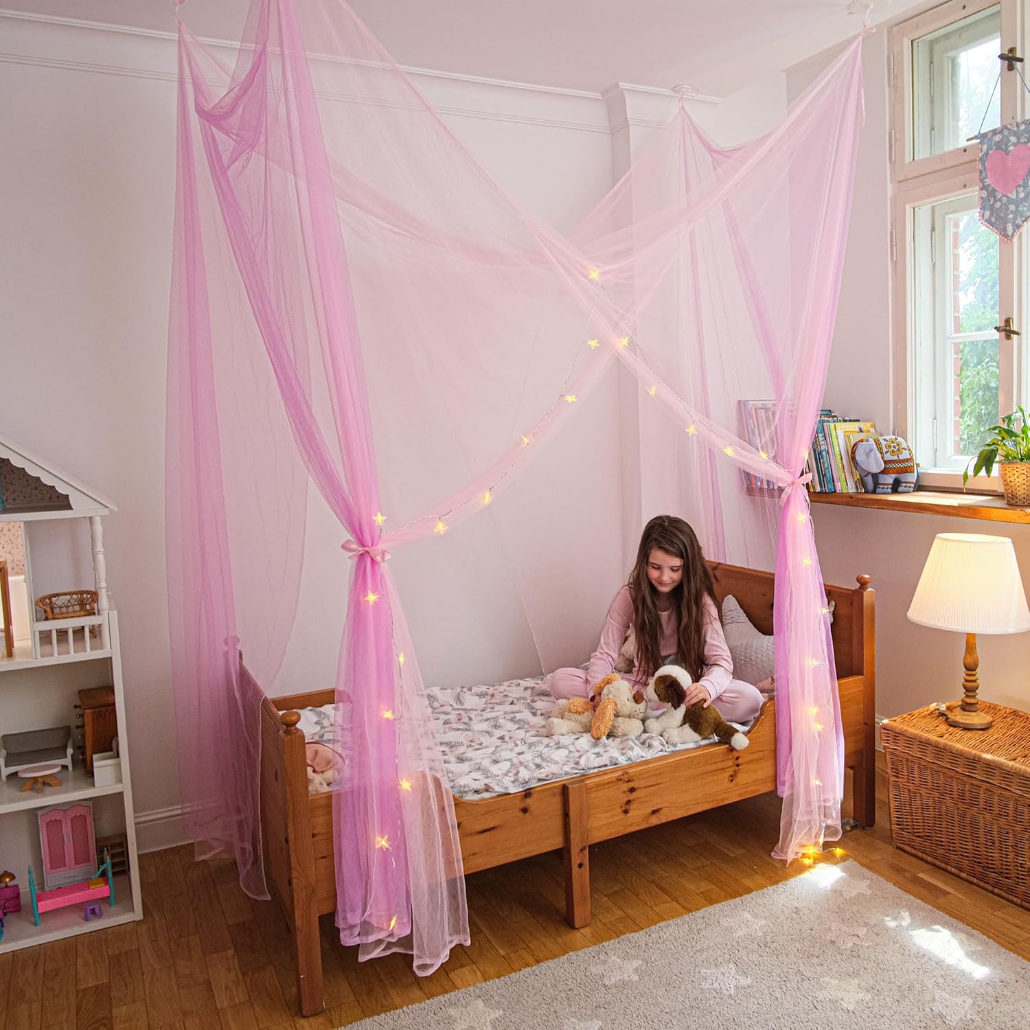 Bollepo Bed Canopy Curtains - 4 Corners (Rainbow), Pink & Purple