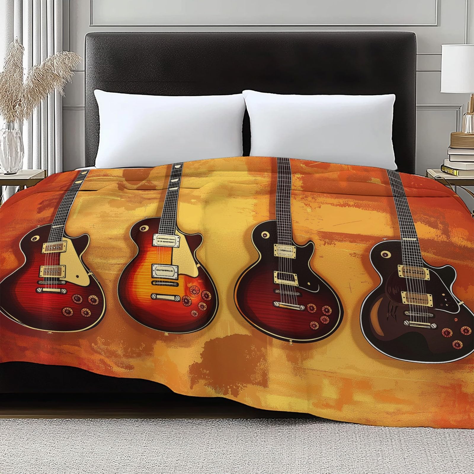 Generico Pomarańczowy kolor flanelowy koc z polaru do gitary elektrycznej abstrakcyjny miękki lekki koc 180 x 200 cm - nadaje się do łóżka kanapy kempingowej podróży leżak