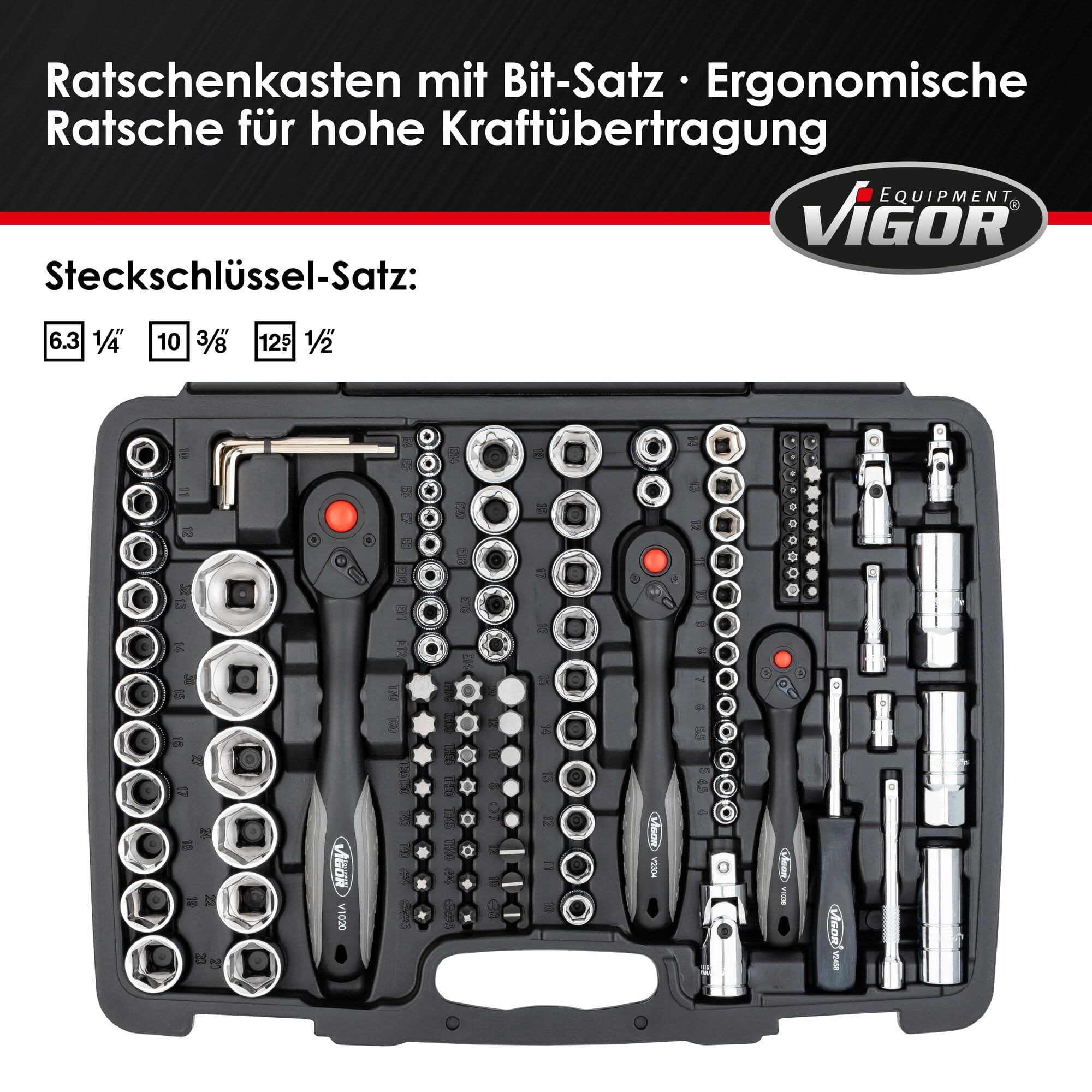 ViGOR Steckschlüsselsatz V2461 I 172-teiliges Werkzeug-Set, Antrieb: Sechs- und Vierkant, Abtrieb-Profile unter anderem: Innen- und Außen Sechskant, Kreuz- Schlitz und Pozidriv