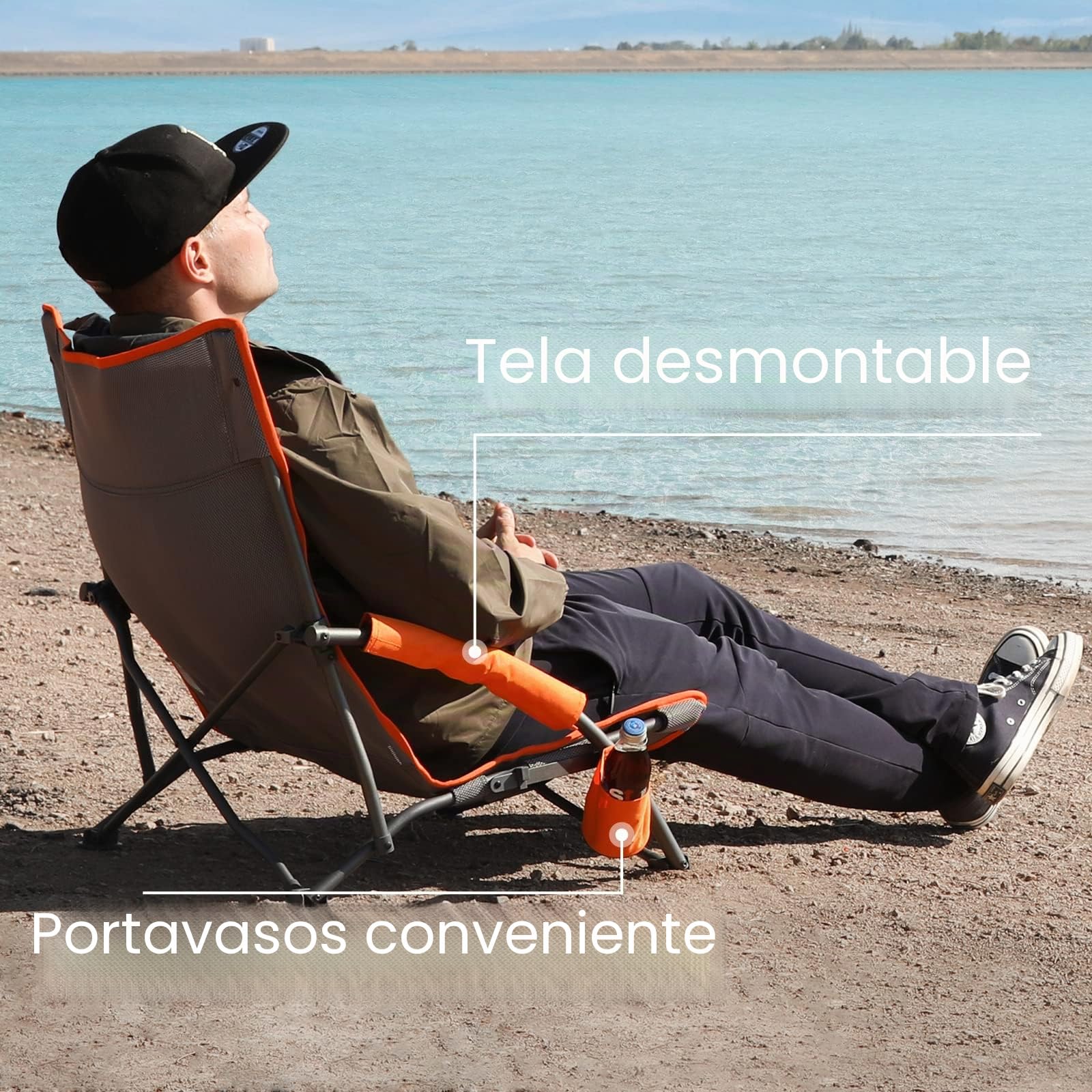 Portal Silla de playa plegable, ligera, portátil, para adultos, asiento de playa plegable, camping, festival, picnic, silla plegable al aire libre con portavasos de malla, reposabrazos acolchados