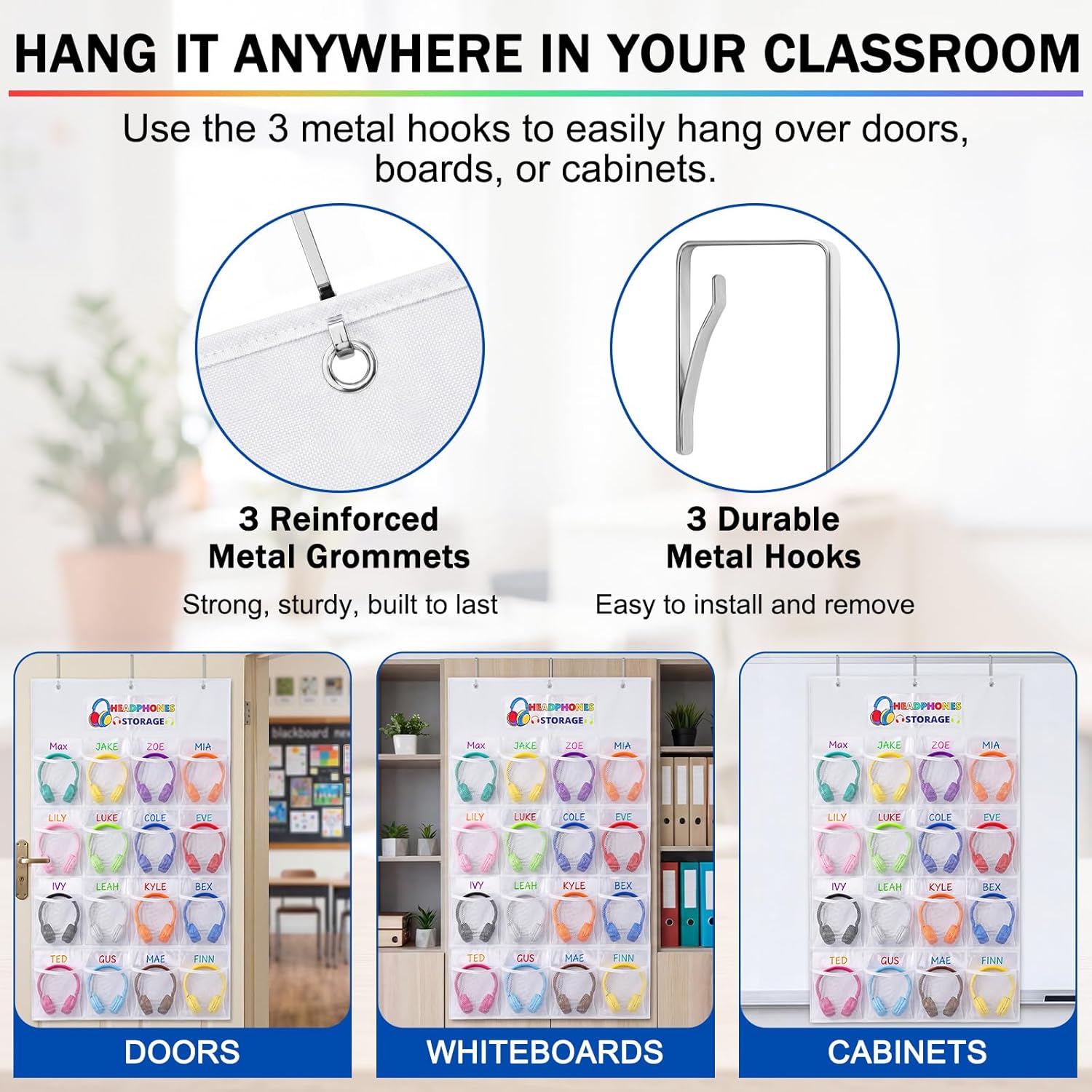 AmazingSpark 2 Pcs 32 Pockets Classroom Headphone Storage Thickened Non-woven Fabric Mesh Pocket Chart Headphone Organizer with Signature Card Wall Hanging for Phones Calculators(41 x 25 Inch,White)