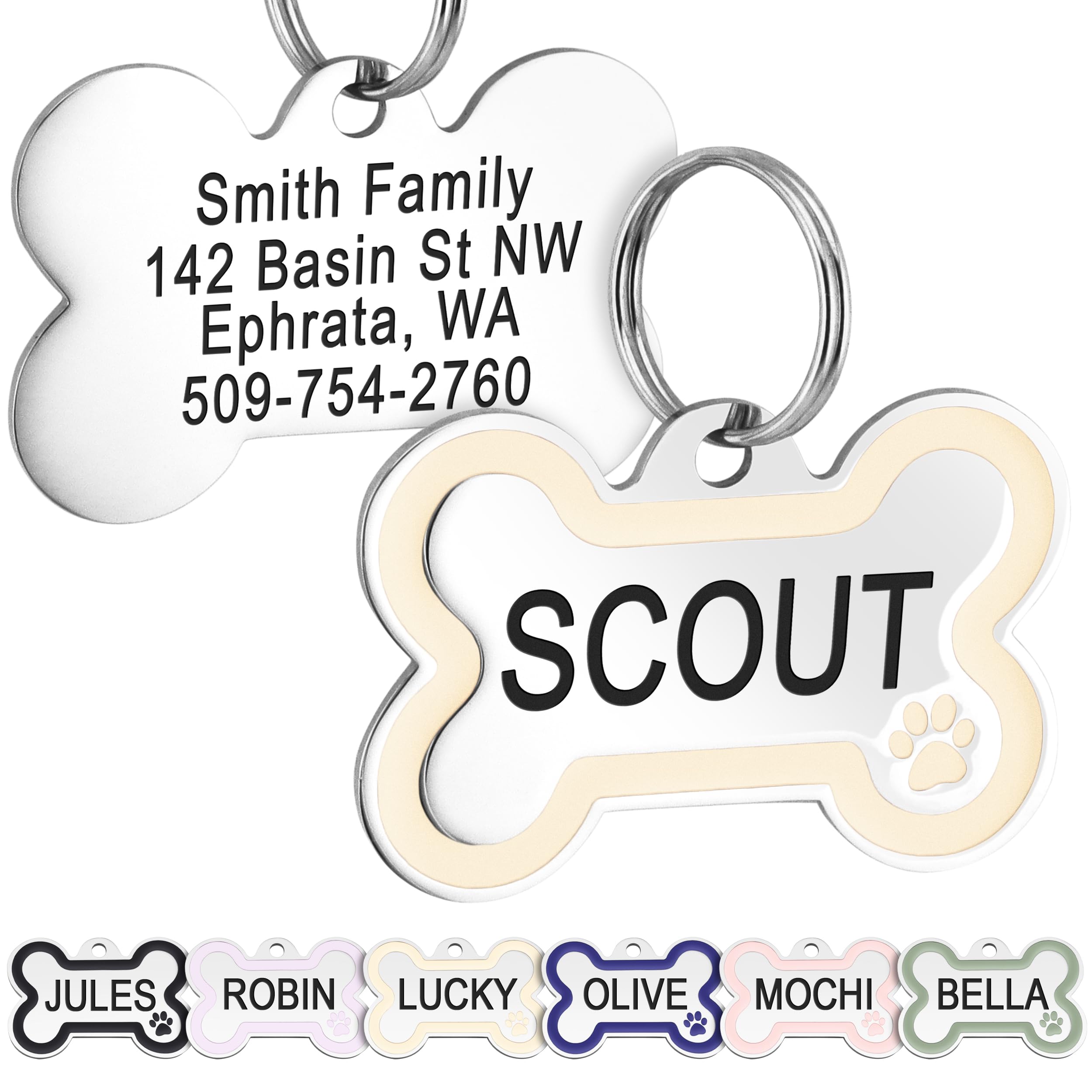 GoTags Stainless Steel Pet ID Bone Round and Heart Shaped Tags with Enamel Paw Design, Personalized Dog and Cat Tags, up to 5 Lines of Custom Text,
